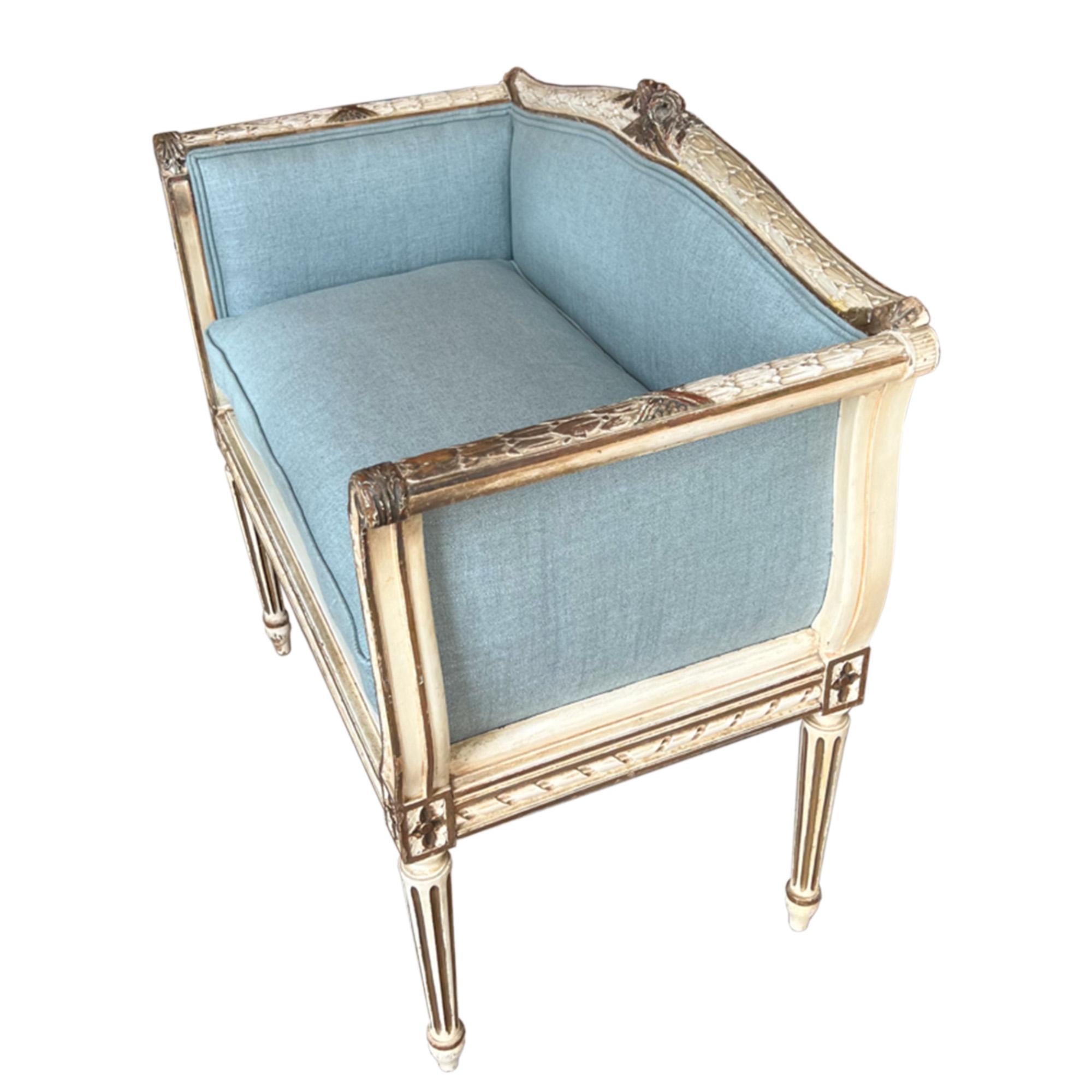 Carved Small French Reupholstered Windowseat, Early 1900s