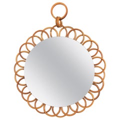 Small French Riviera Rattan Flower Shaped Hanging Mirror, France, 1960s