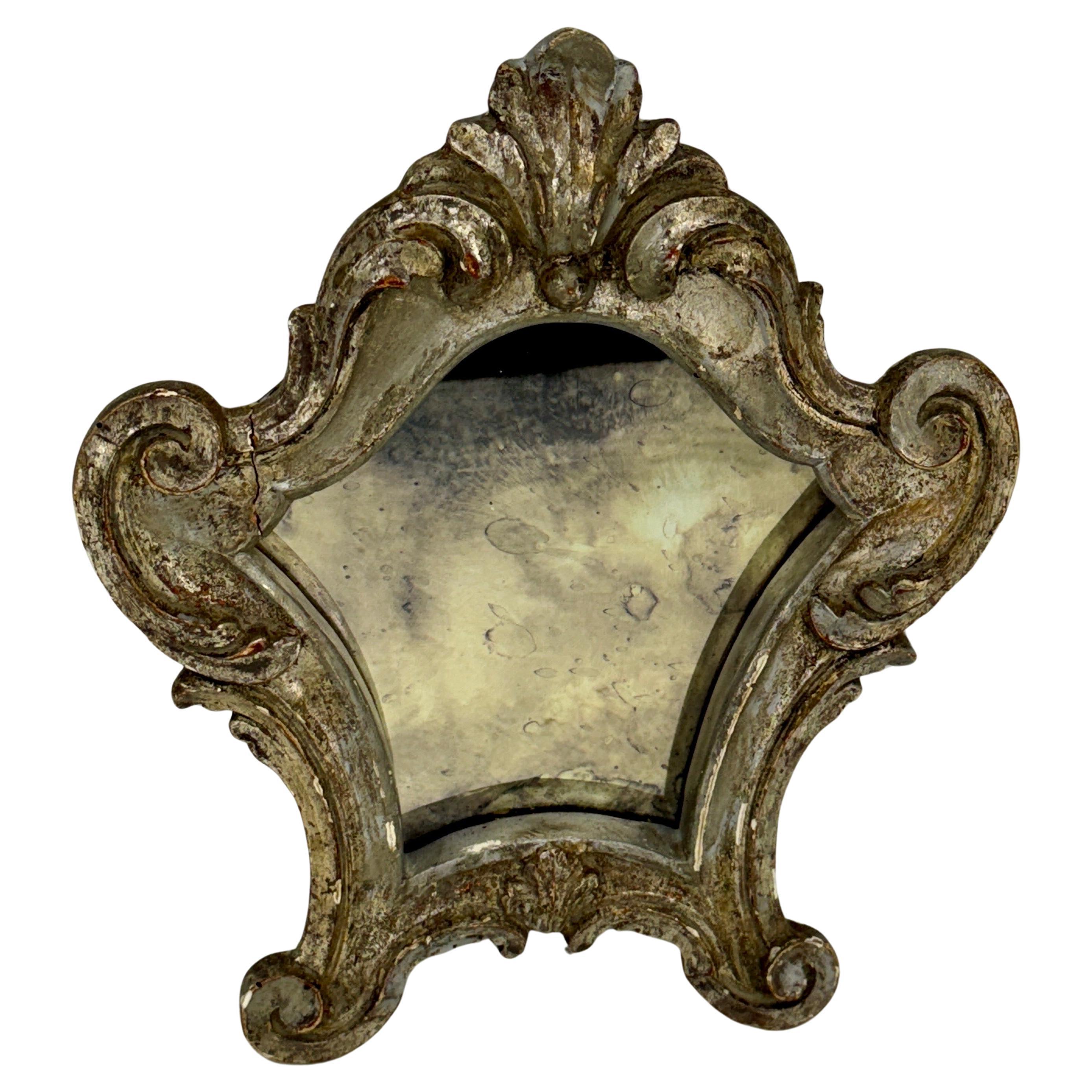 Small French Rococo Silver Gilt Wood Vanity Wall Mirror For Sale 1