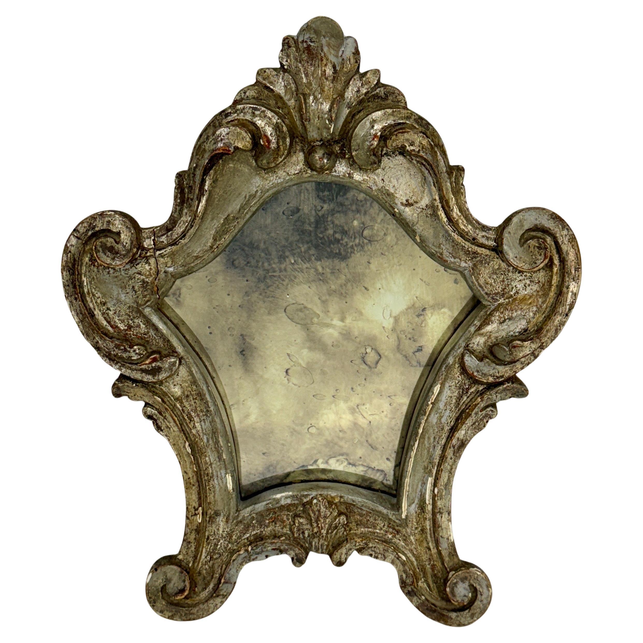 Small French Rococo Silver Gilt Wood Vanity Wall Mirror For Sale
