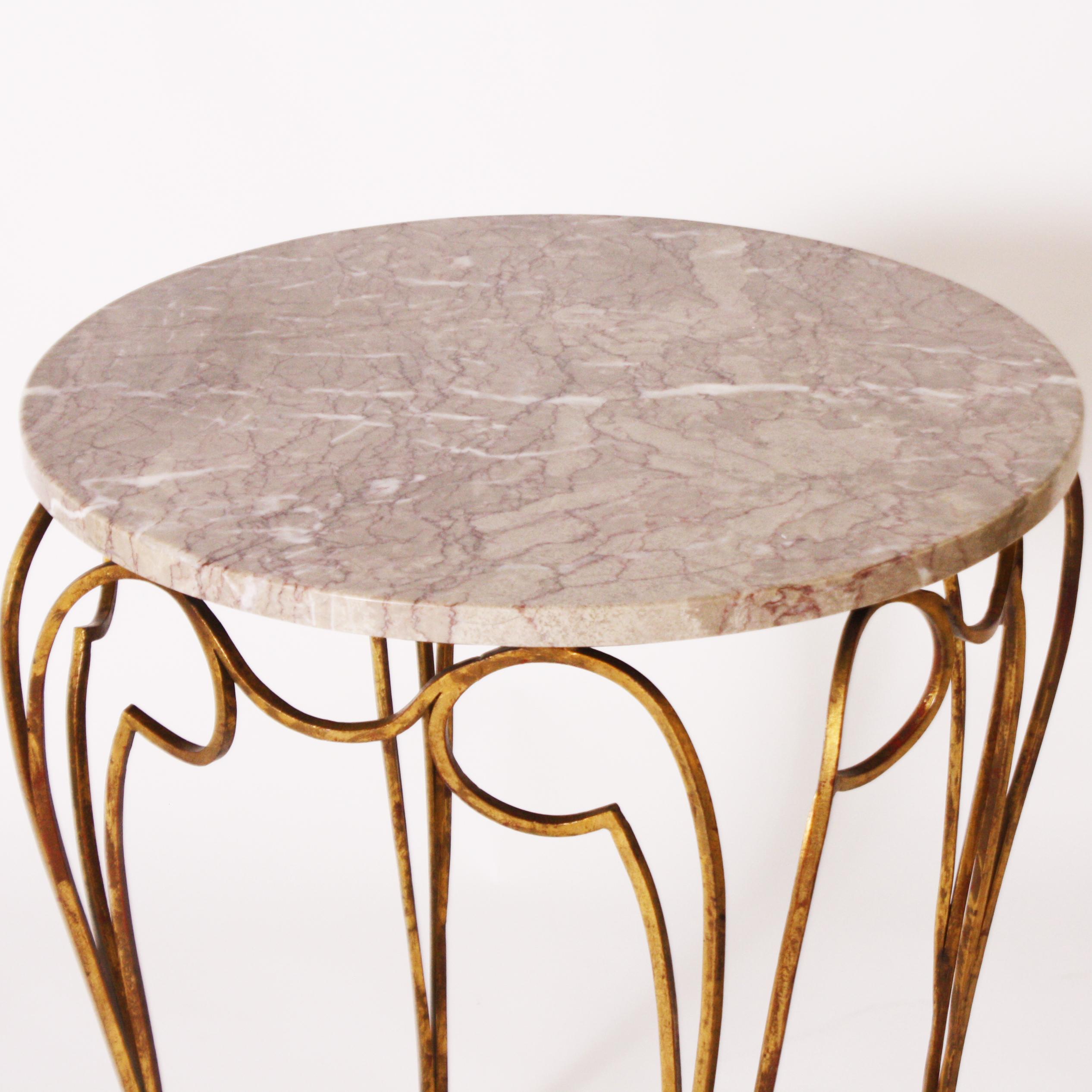 Small French Round Table with Marble Top and Gilded Metal Legs, circa 1950 In Good Condition In Dallas, TX