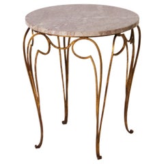 Small French Round Table with Marble Top and Gilded Metal Legs, circa 1950