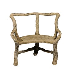Small French Rustic 19th Century Faux-Bois Bench with Curving Arms and Seat