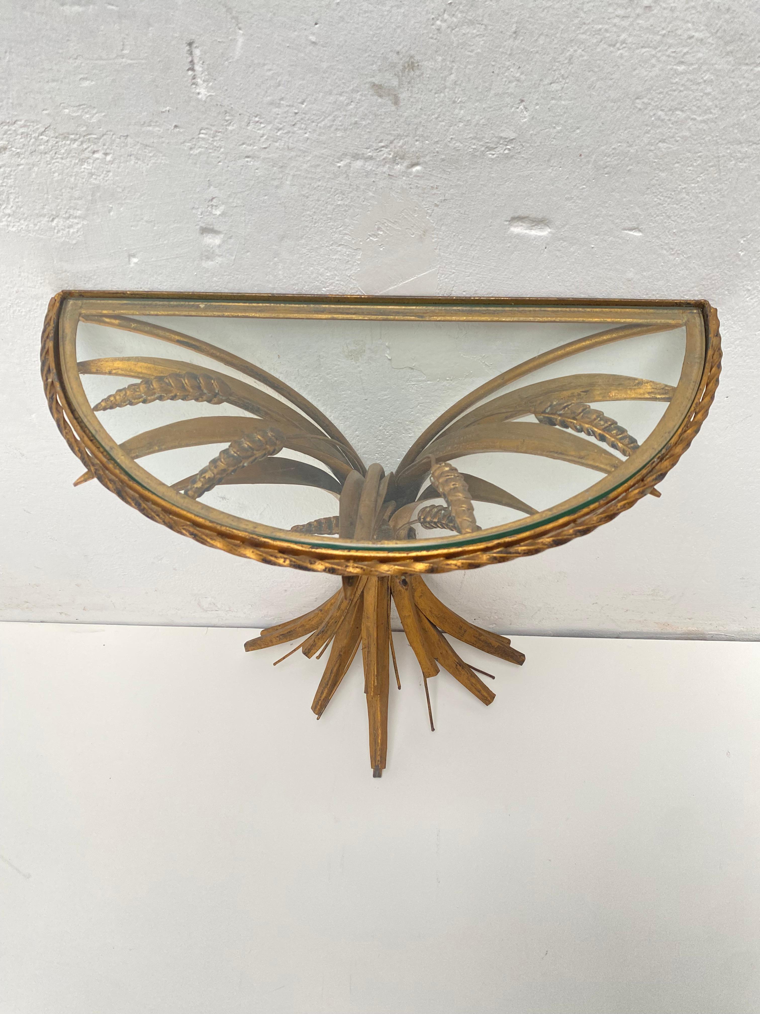 Doré Petite table d'appoint/console « Feuille de blé » française en métal doré en vente