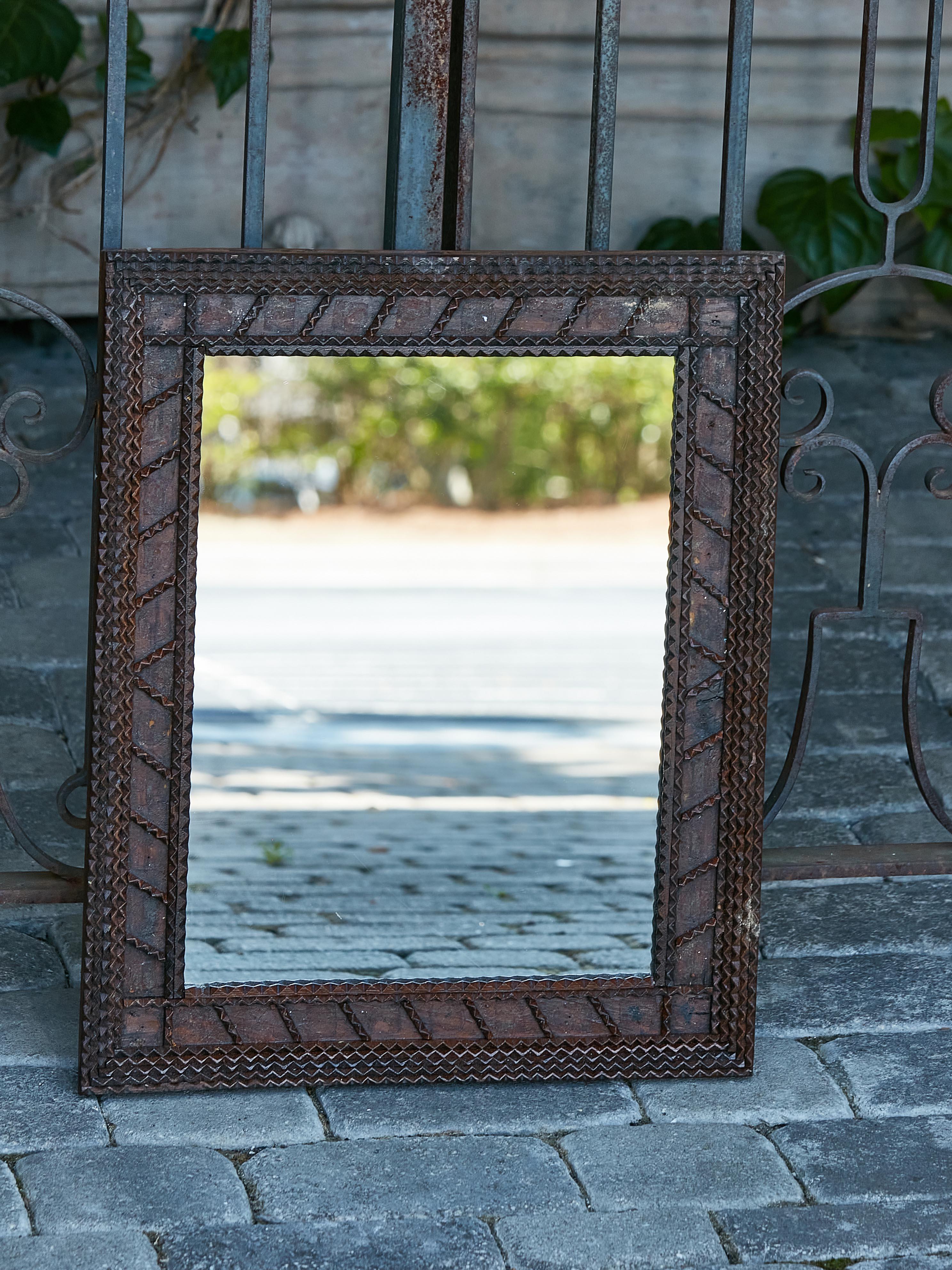 Small French Tramp Art Turn of the Century Mirror with Wavy Patterns, circa 1900 For Sale 7