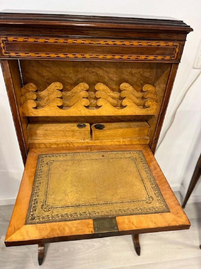 Leather Small French Travel Secretary Napoleon III in Rosewood and Boxwood Veneer 1860s For Sale