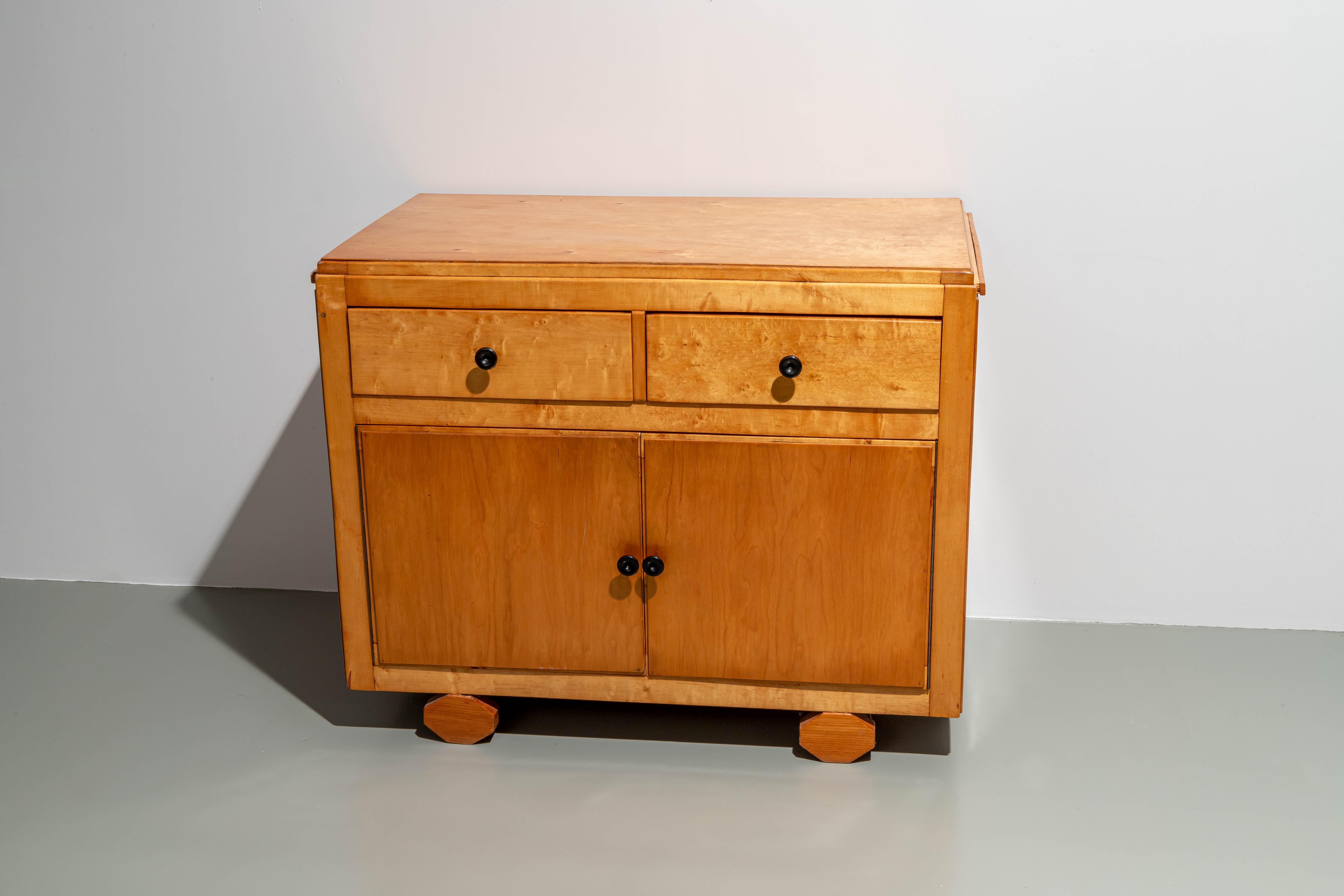 Mid-Century Modern Small french two-door Cabinet with extractable side leafs in wood, 1970's For Sale