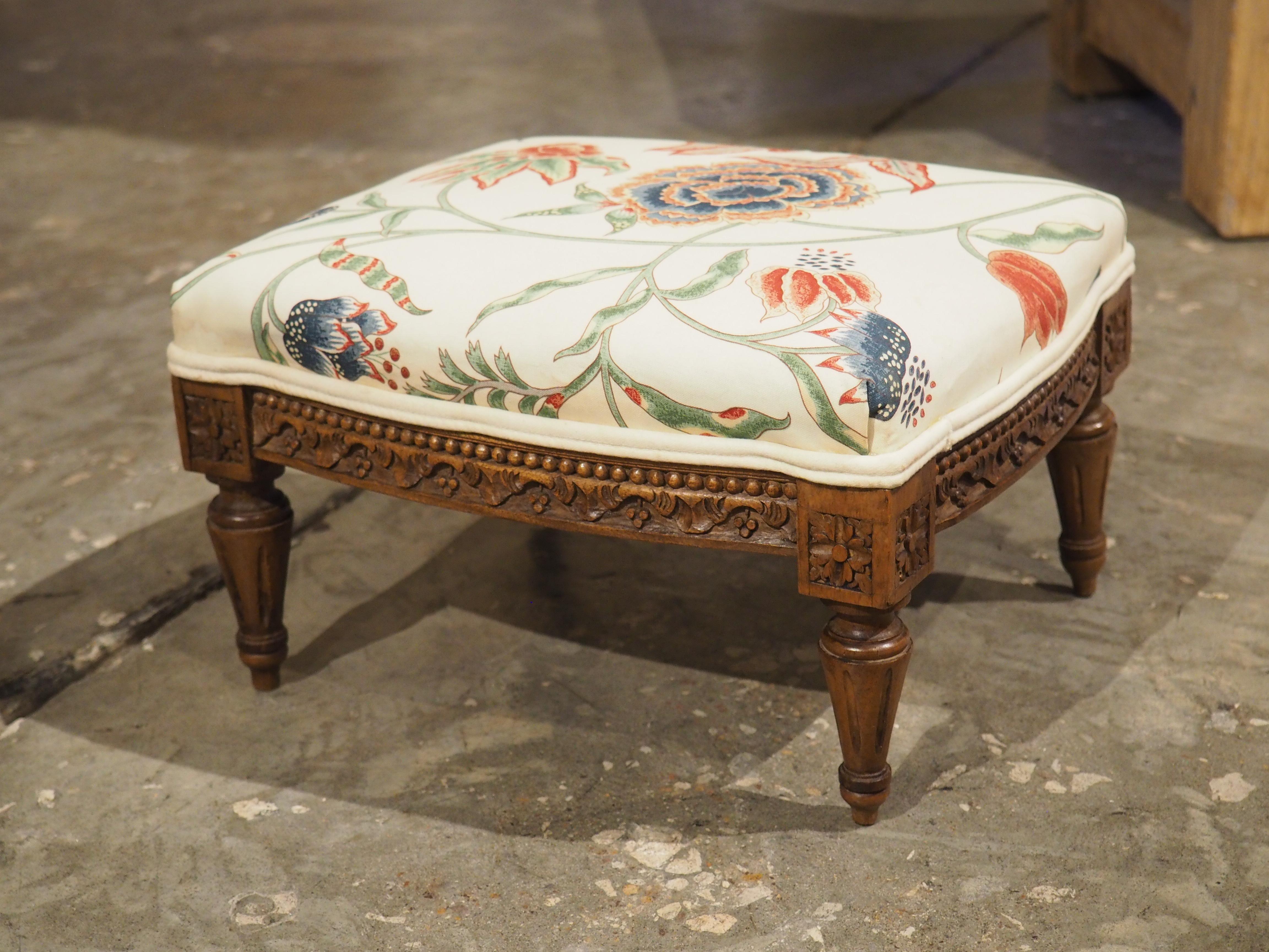 Small French Walnut Pied de Tabouret Foot Stool, Pierre Frey Upholstery, C. 1900 5