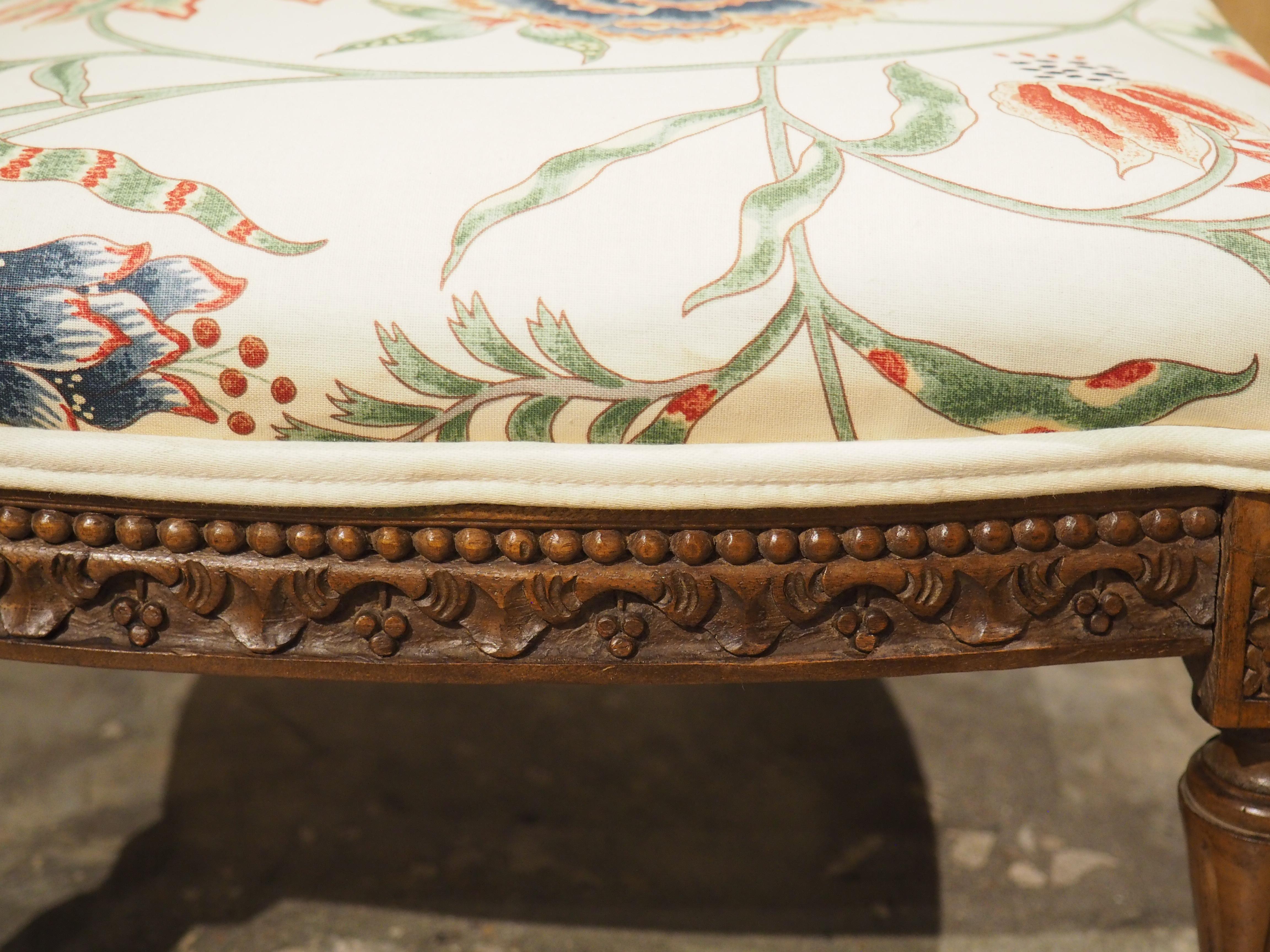 Small French Walnut Pied de Tabouret Foot Stool, Pierre Frey Upholstery, C. 1900 6