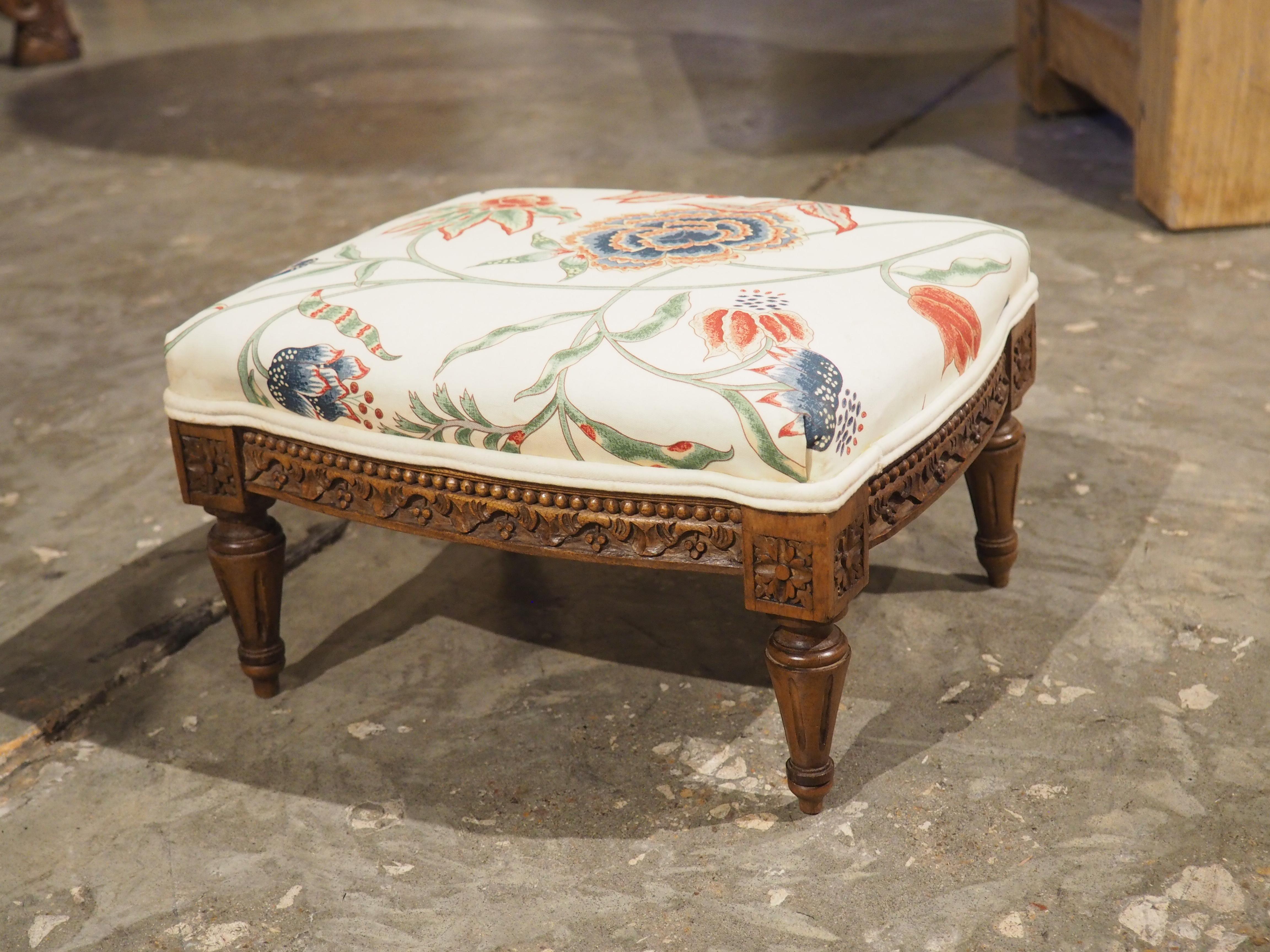 Small French Walnut Pied de Tabouret Foot Stool, Pierre Frey Upholstery, C. 1900 9