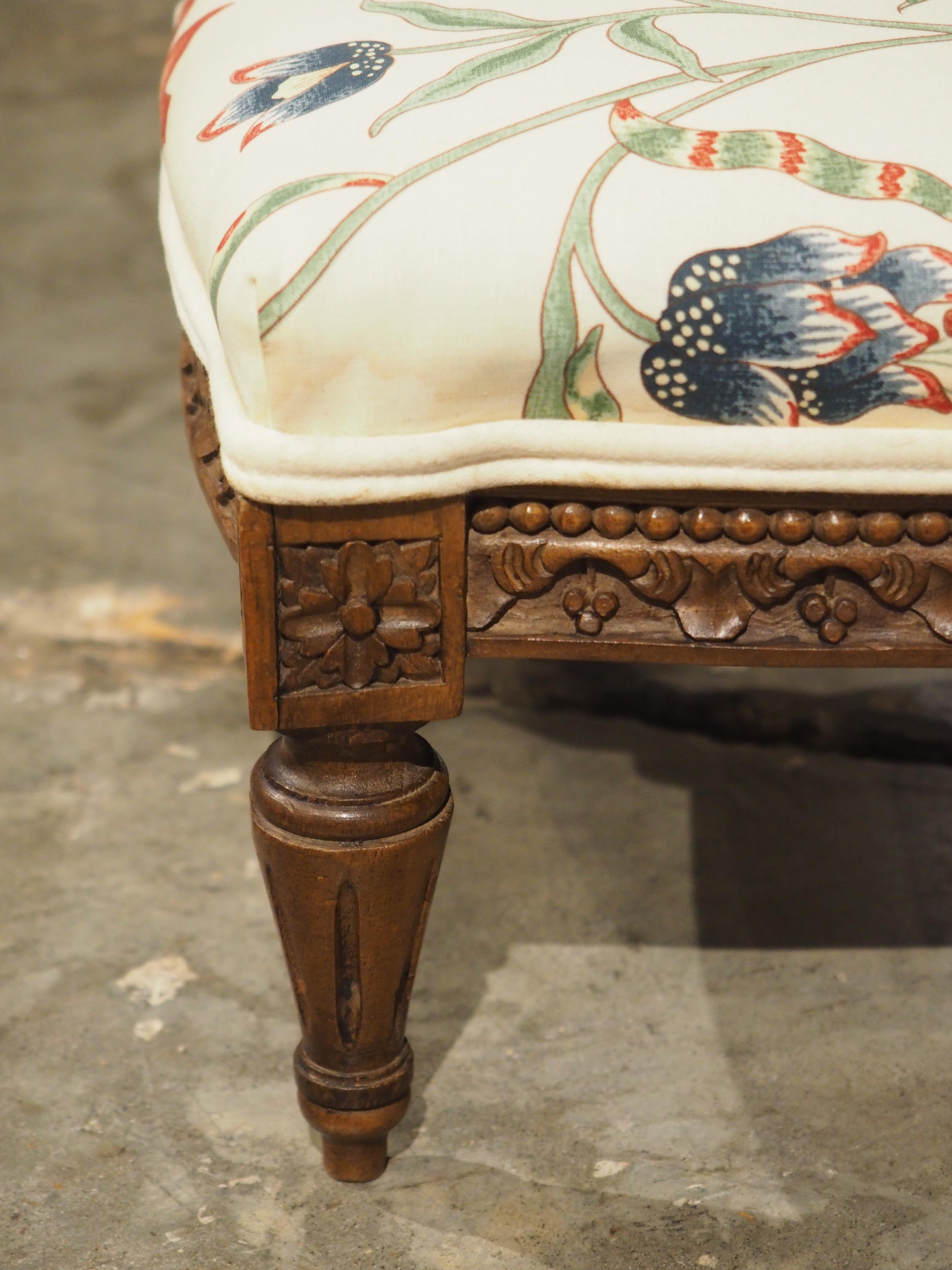 Louis XVI Small French Walnut Pied de Tabouret Foot Stool, Pierre Frey Upholstery, C. 1900