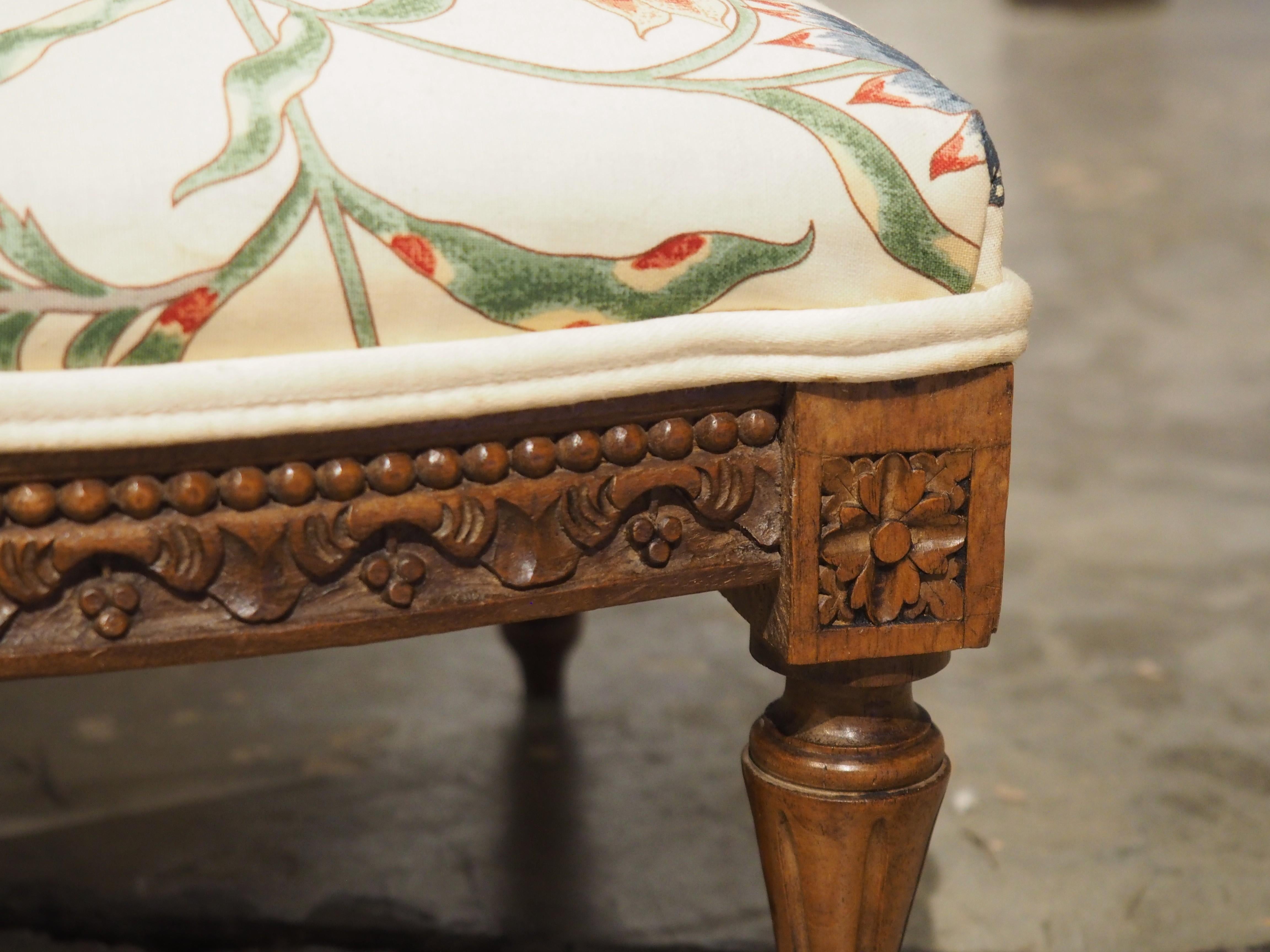 Hand-Carved Small French Walnut Pied de Tabouret Foot Stool, Pierre Frey Upholstery, C. 1900