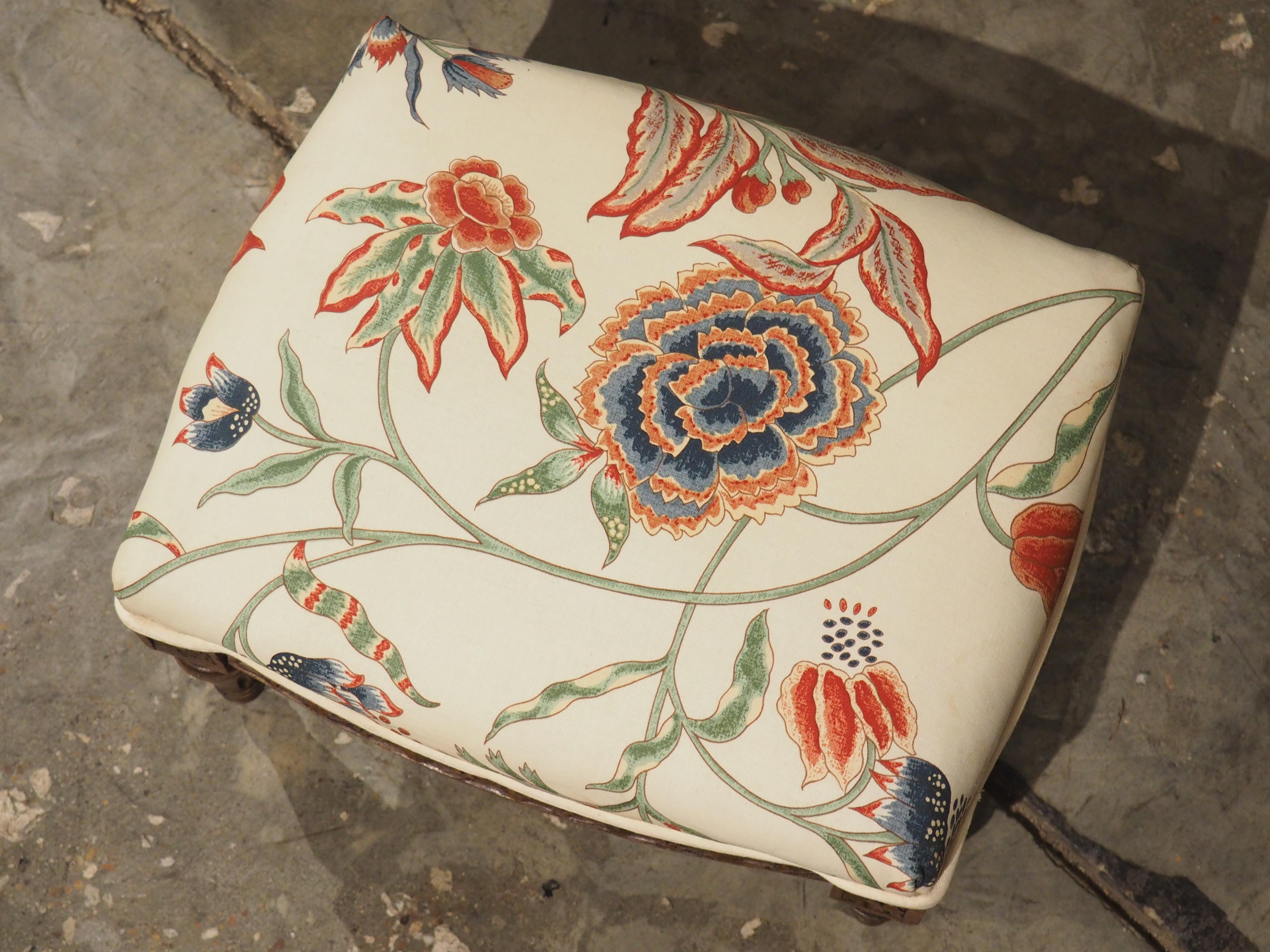 Small French Walnut Pied de Tabouret Foot Stool, Pierre Frey Upholstery, C. 1900 In Good Condition In Dallas, TX