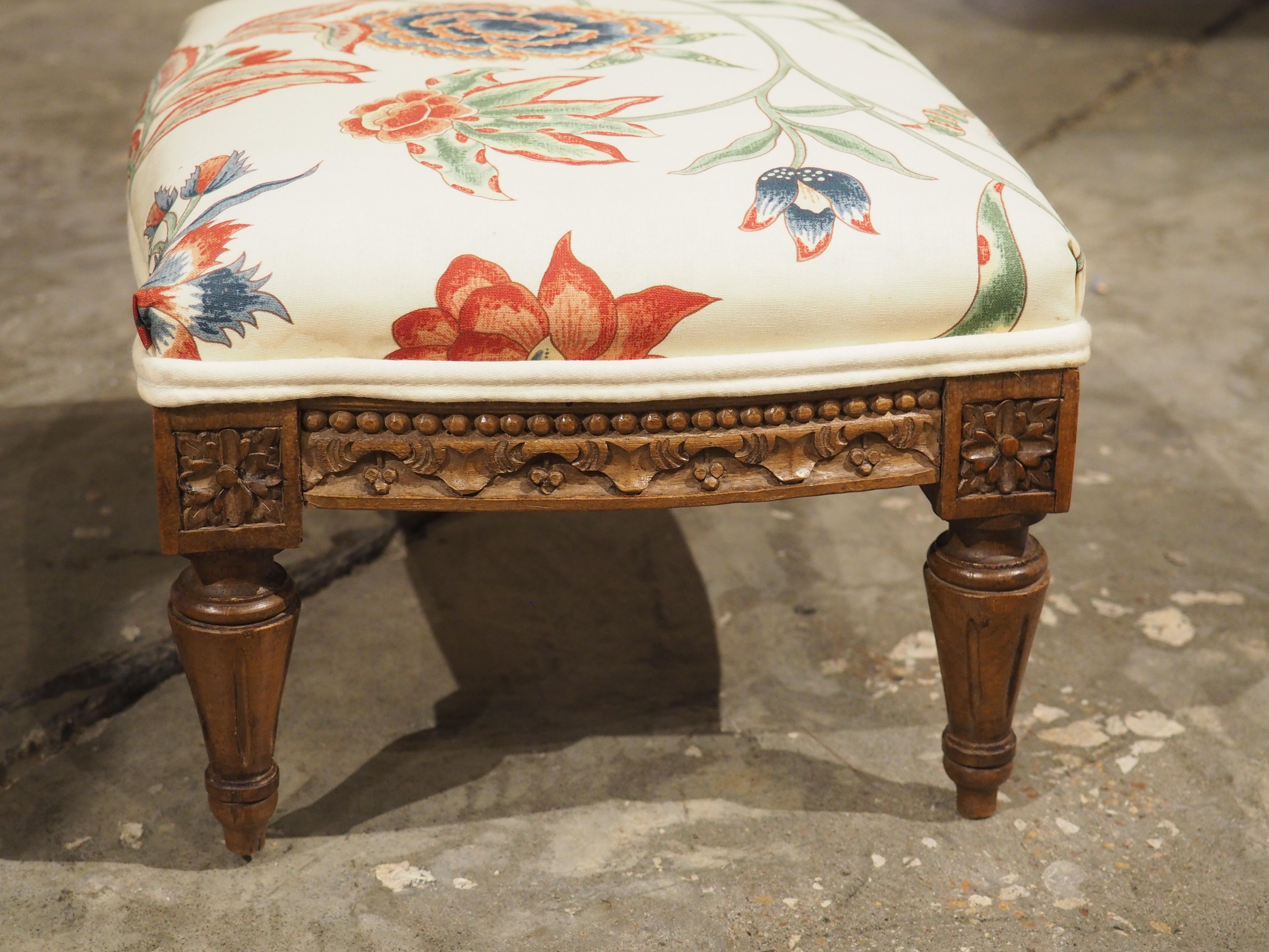 20th Century Small French Walnut Pied de Tabouret Foot Stool, Pierre Frey Upholstery, C. 1900