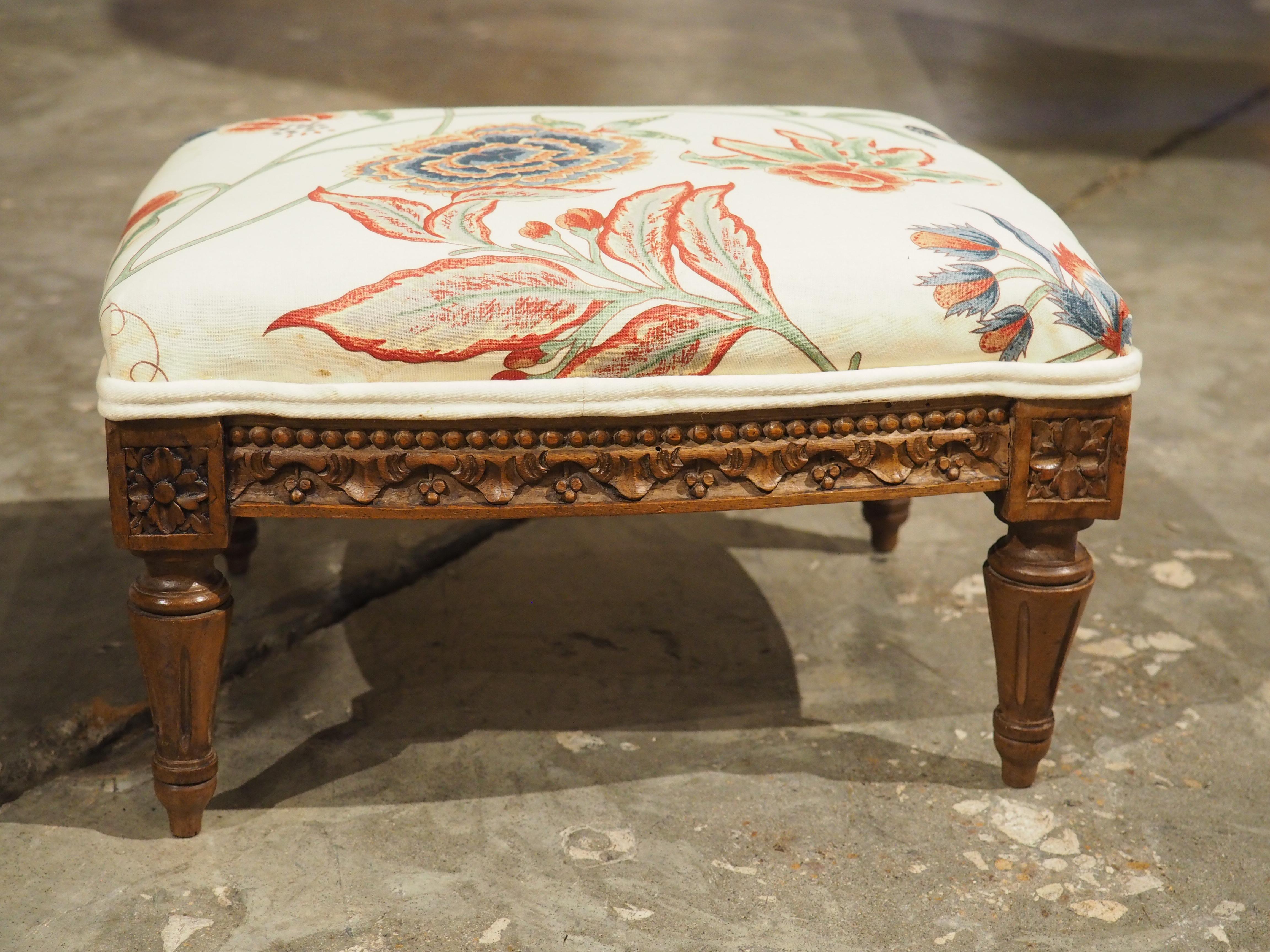 Small French Walnut Pied de Tabouret Foot Stool, Pierre Frey Upholstery, C. 1900 1