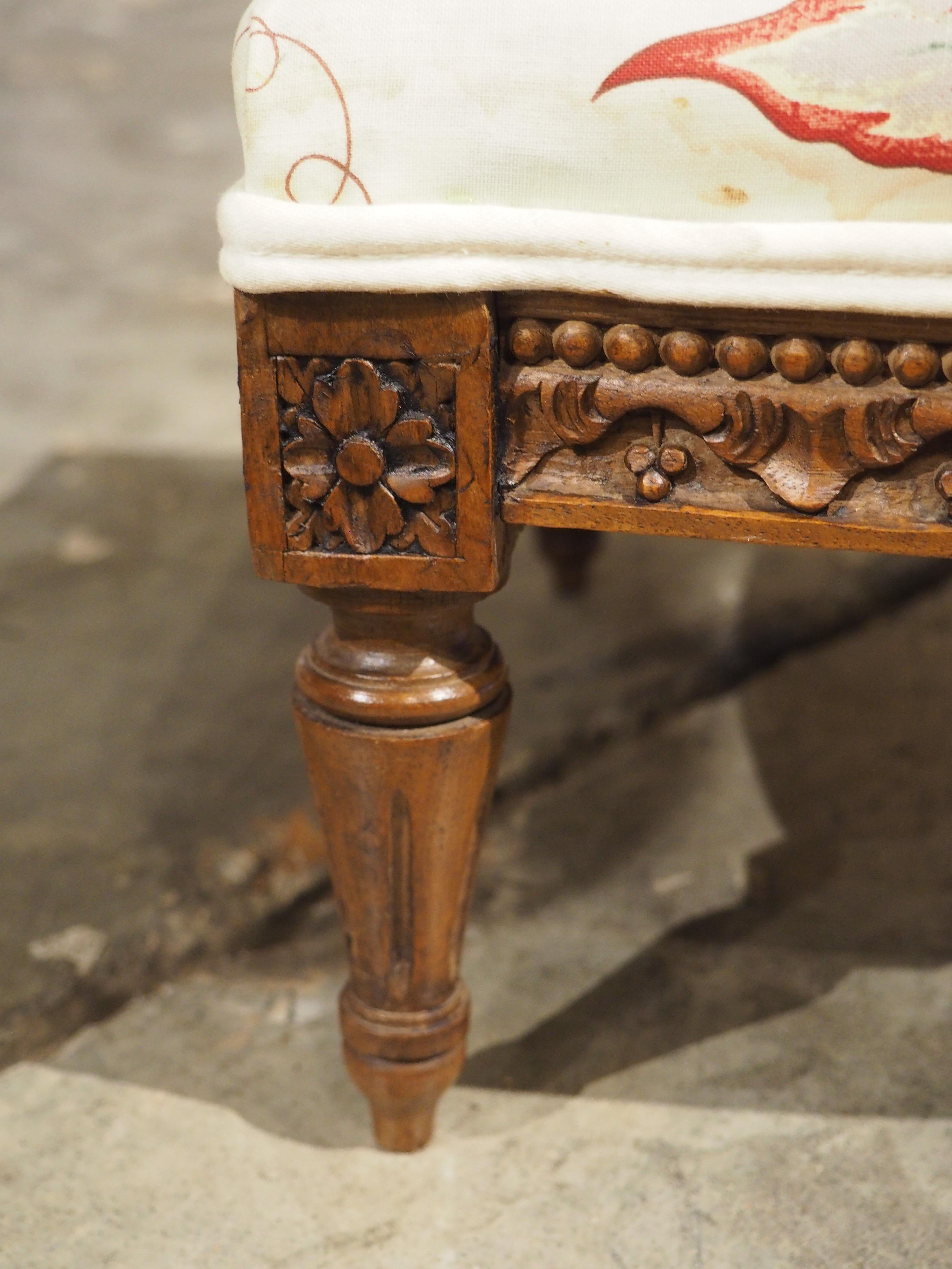 Small French Walnut Pied de Tabouret Foot Stool, Pierre Frey Upholstery, C. 1900 2