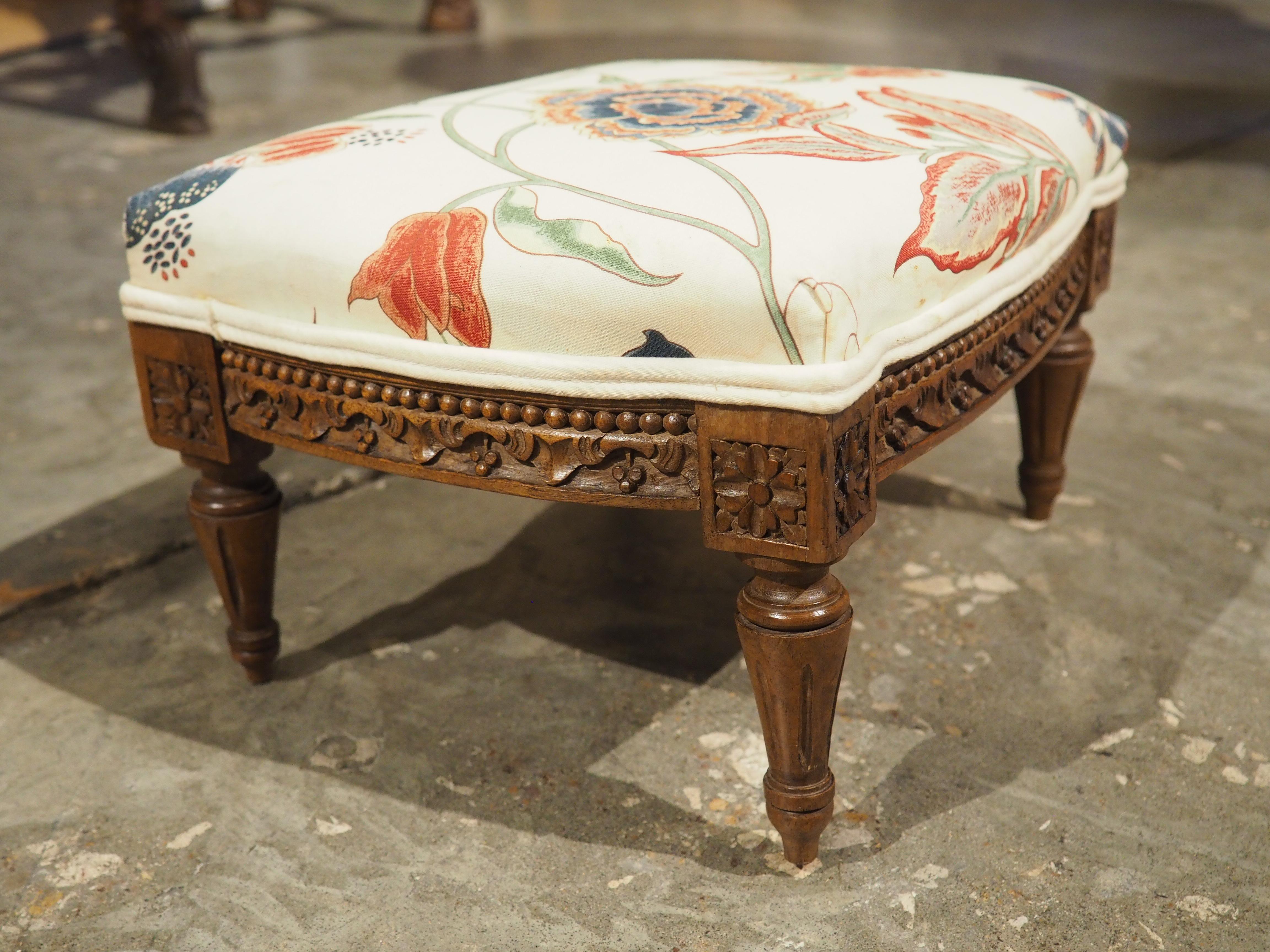 Small French Walnut Pied de Tabouret Foot Stool, Pierre Frey Upholstery, C. 1900 3