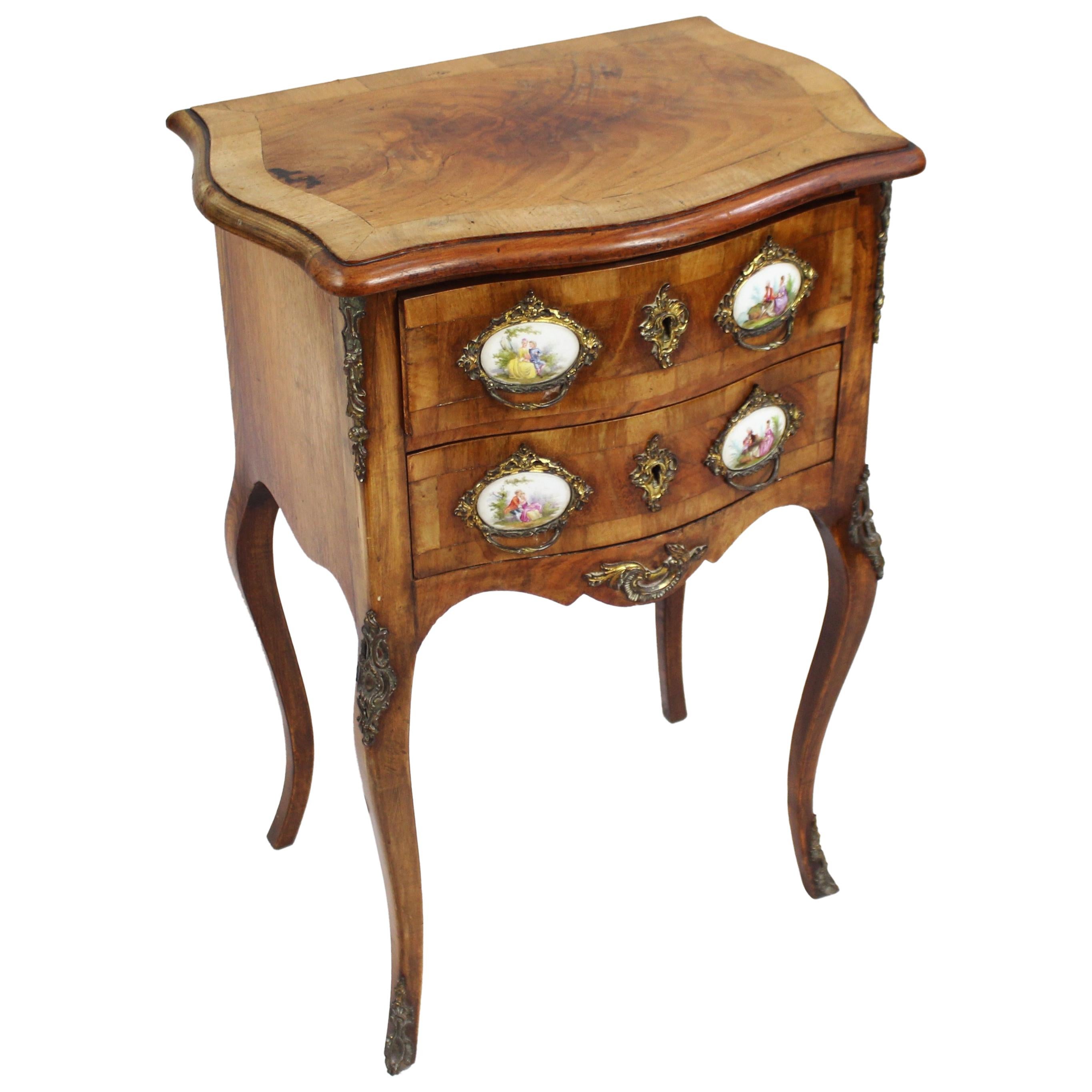 Small French Walnut Serpentine Commode with Sevres Plaques, circa 1880 For Sale
