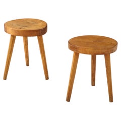 Small Fruitwood Mid Century Tripod Stools, France, c. 1950