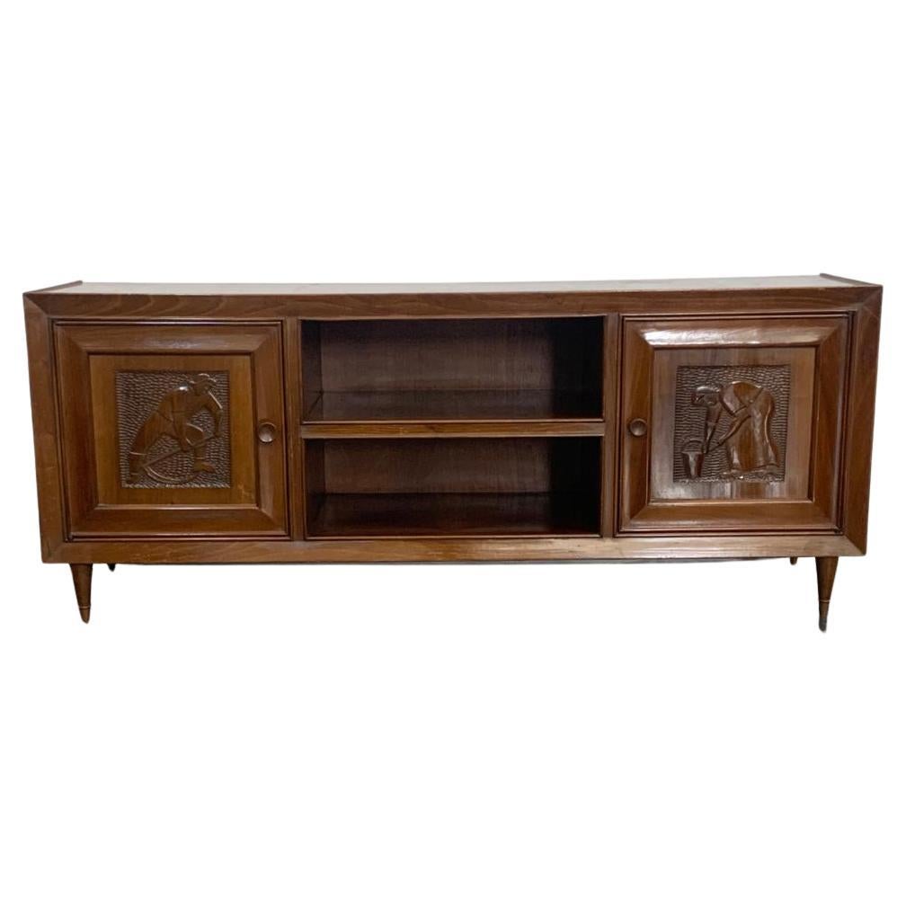 Small Futurist Style Serving Sideboard with Carved Panels, 1940s