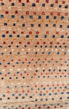 Small Blue Gold and Red Contemporary Tribal Pattern Gabbeh Persian Wool Rug