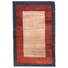 Small Blue Gold and Red Contemporary Tribal Pattern Gabbeh Persian Wool Rug