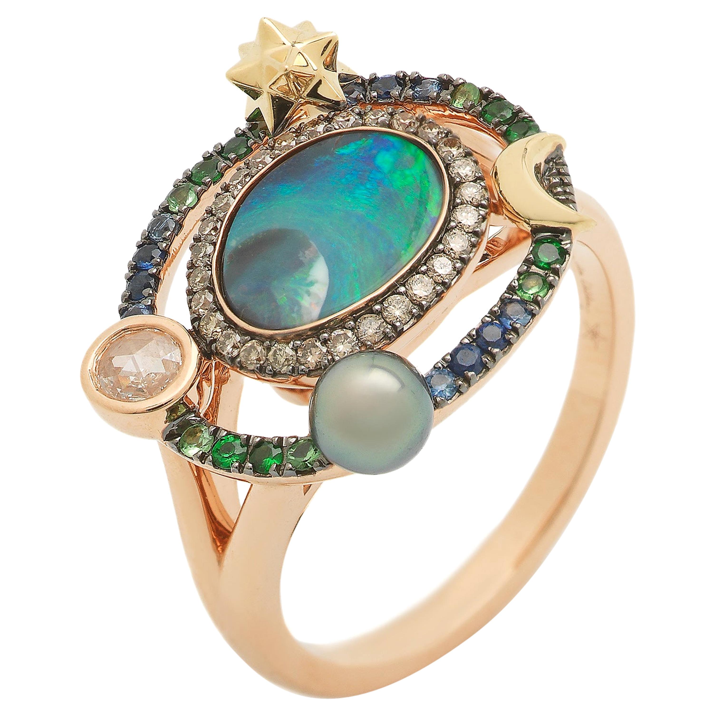18K Rose and Yellow Gold Opal Brown Diamond Sapphire Pearl Small Galaxy Ring For Sale
