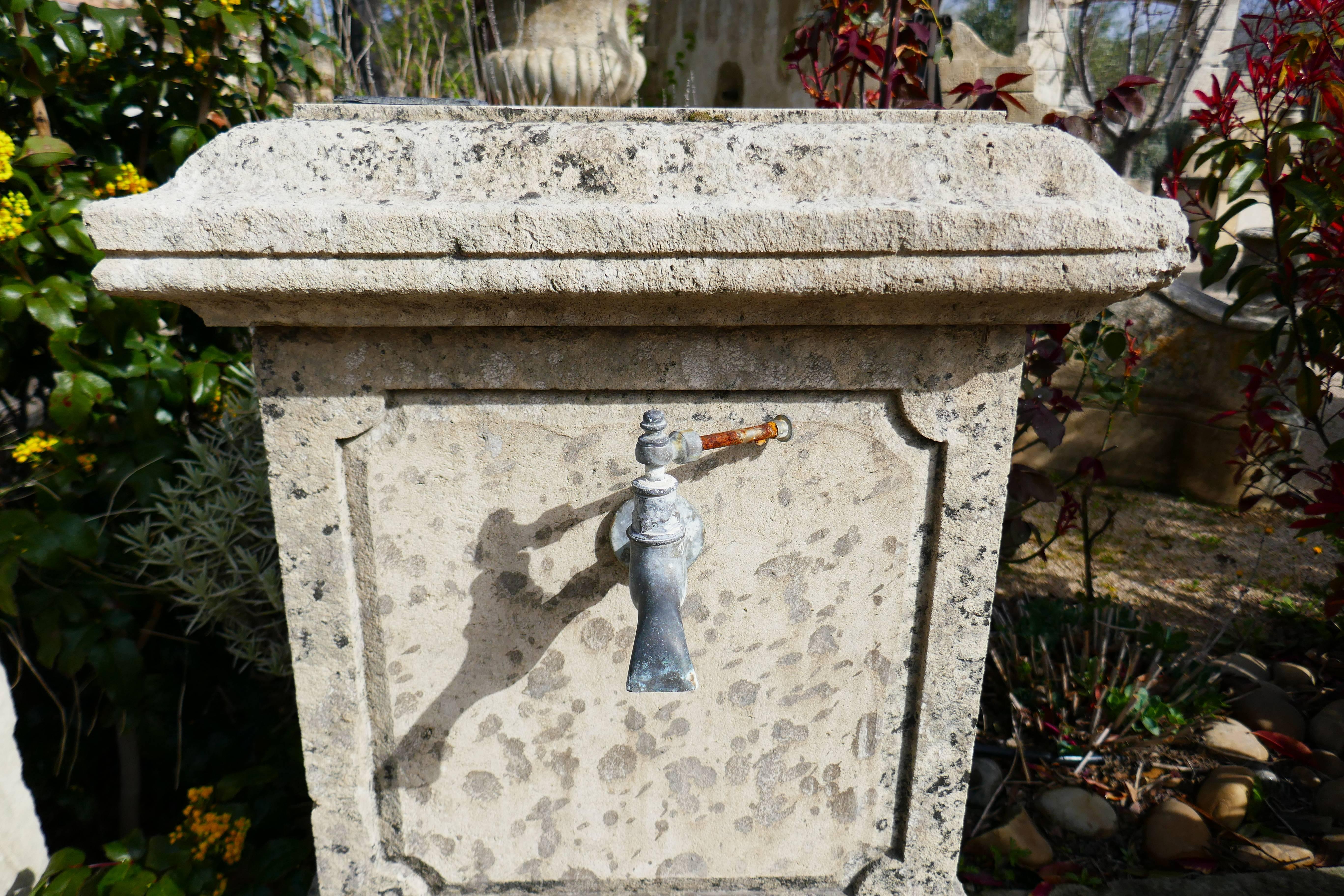 Small Garden Wall Fountain in Aged and Patinated Natural Limestone, Provence For Sale 1