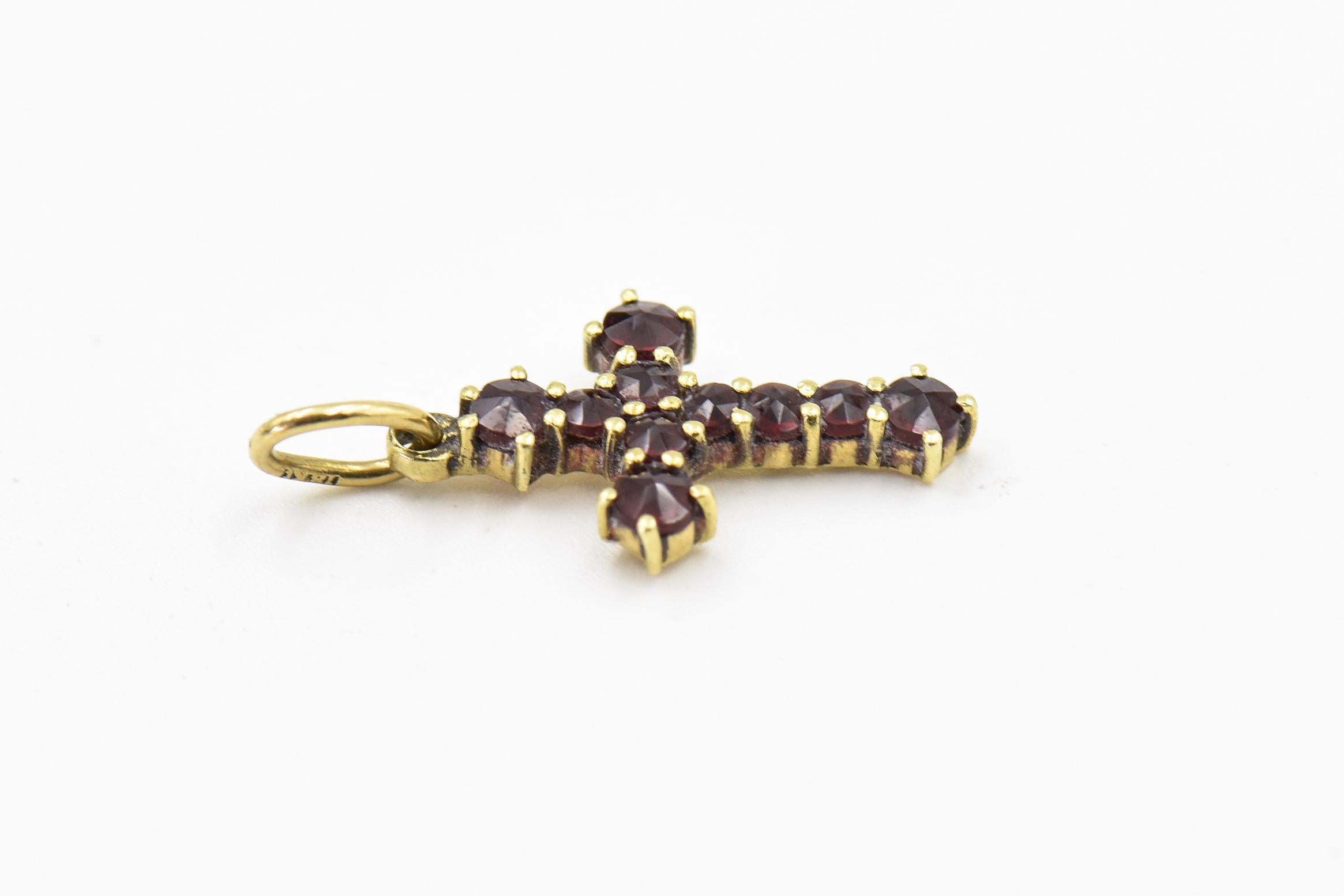 Women's or Men's Small Garnet Yellow Gold Cross Pendant  For Sale