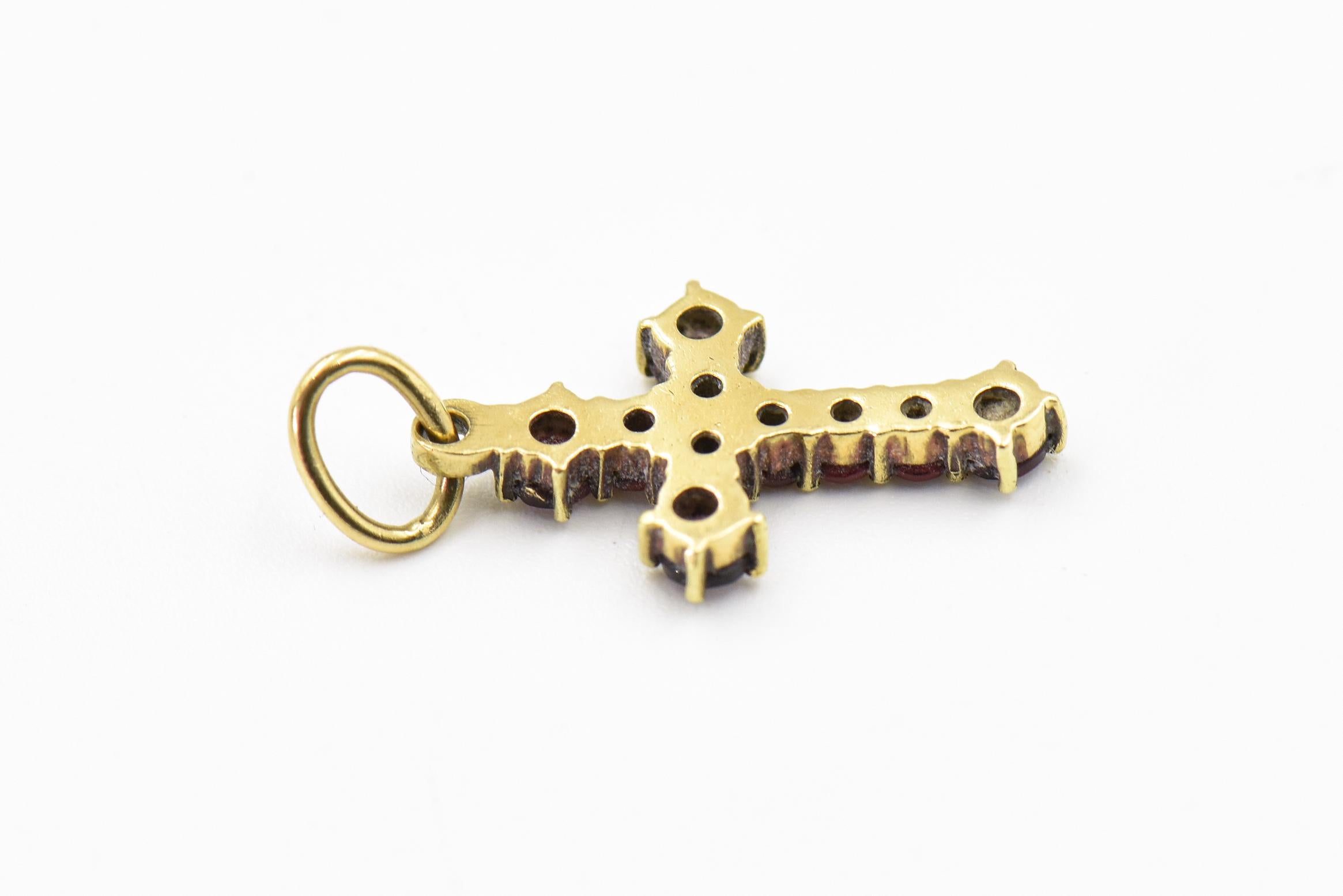 Small Garnet Yellow Gold Cross Pendant  For Sale 1