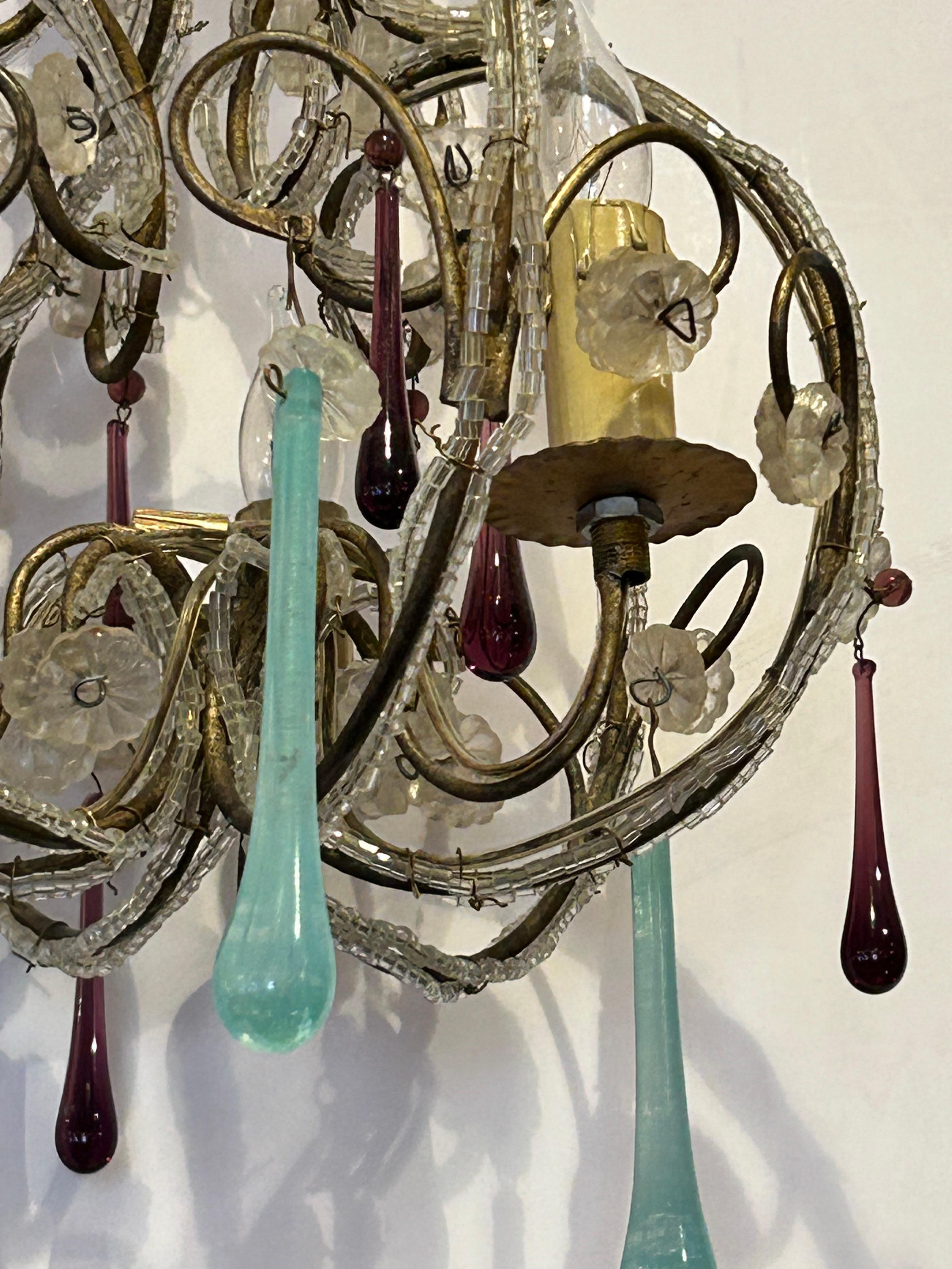 Romantic small gem of a Venetian chandelier pendant having 3 arms, lovely beading and turquoise & amethyst crystal hanging adornments.