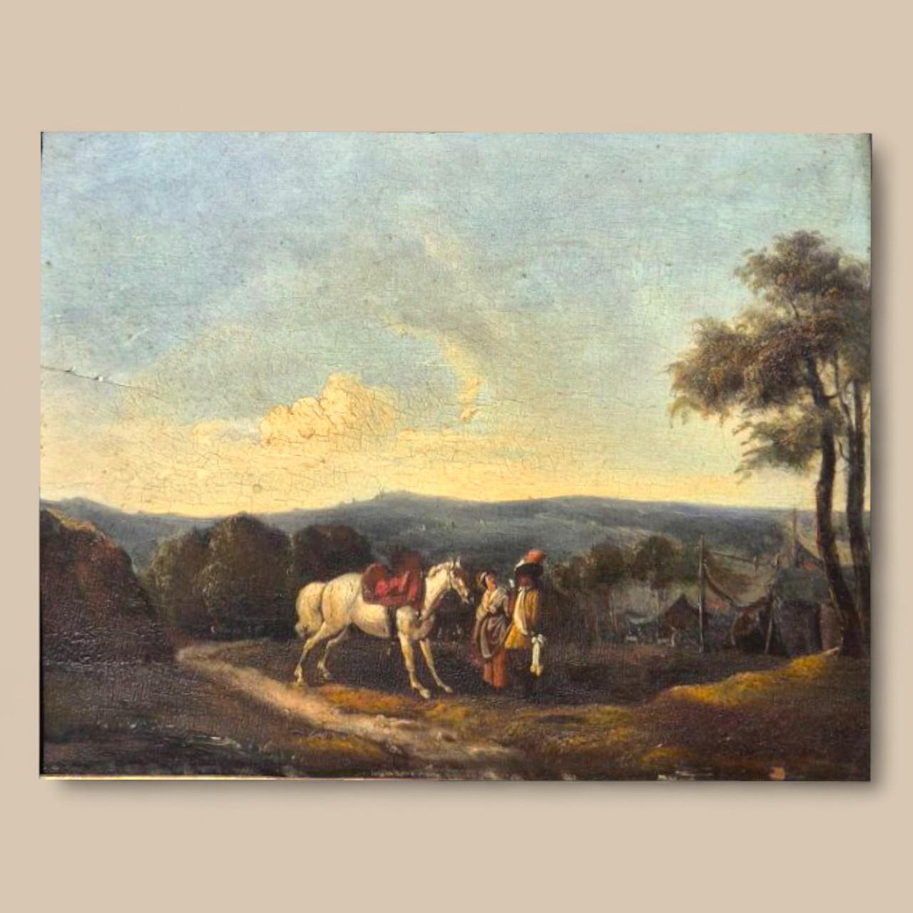 Kleines Genrebild - Begegnung eines adligen Paares, Öl auf Holz, 19. (Geölt) im Angebot