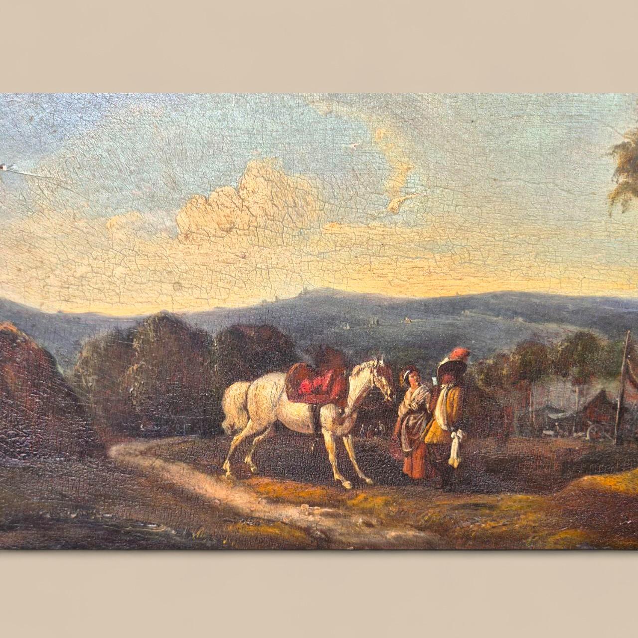 Kleines Genrebild - Begegnung eines adligen Paares, Öl auf Holz, 19. im Zustand „Gut“ im Angebot in NICE, FR