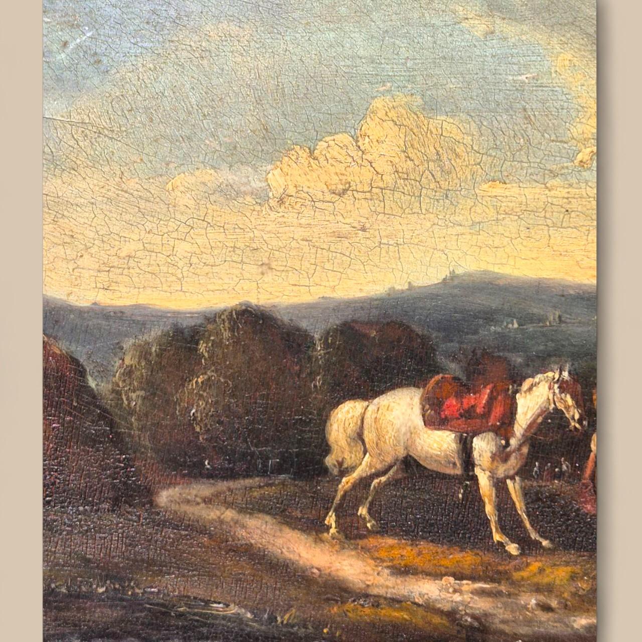 Kleines Genrebild - Begegnung eines adligen Paares, Öl auf Holz, 19. im Angebot 1