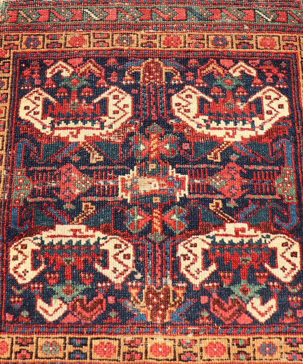 Geometric Design Antique Persian Afshar Rug With Medallion Design. Keivan Woven Arts / rug X23-0310, country of origin / type: Iran / Afshar, circa 1900s. 
Measures: 1'9 x 1'10 
Bold geometry, rich symbolism, and vivid coloration enhance the