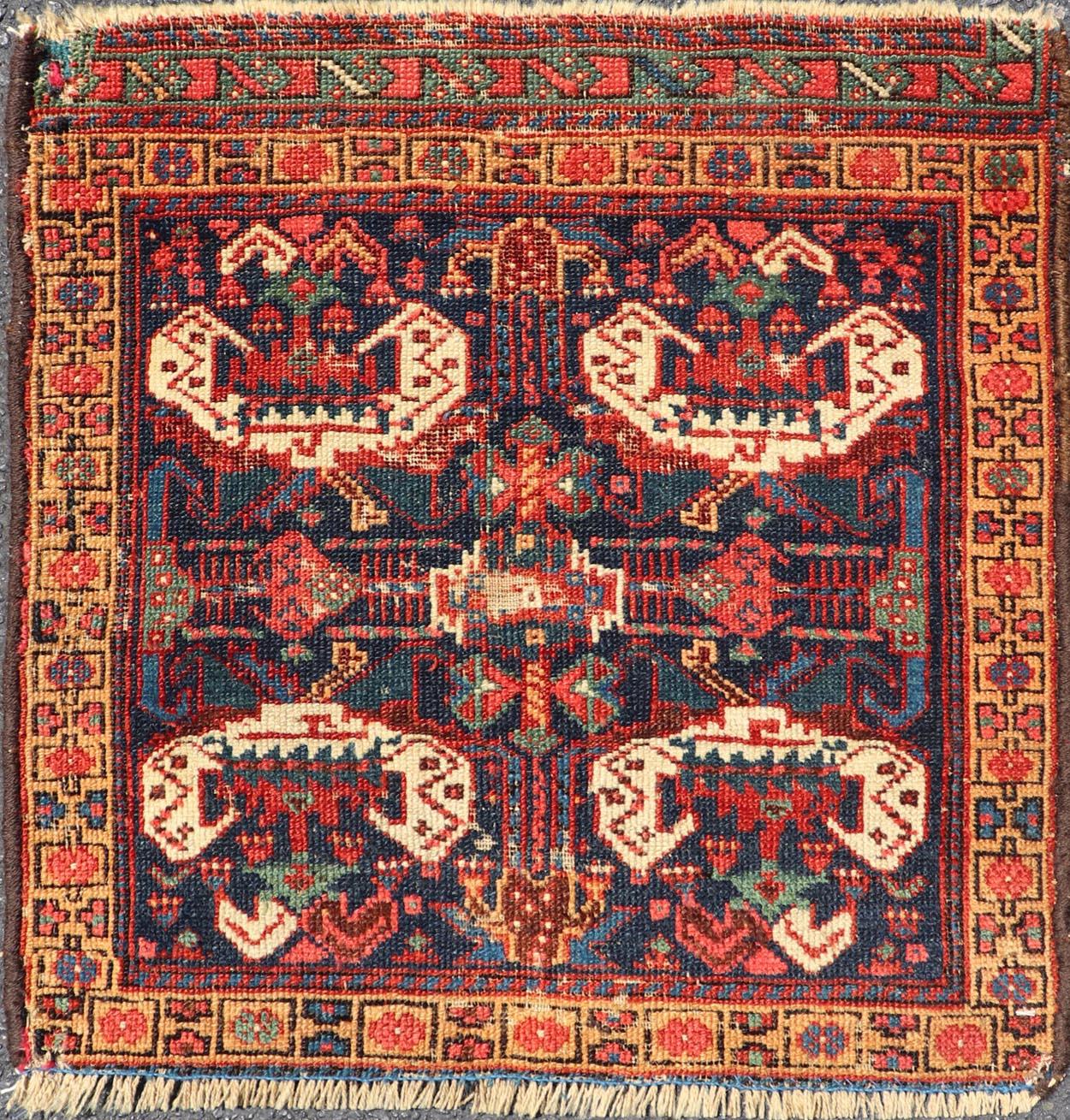 Hand-Knotted Small Geometric Design Antique Persian Afshar Rug With Medallion Design  For Sale