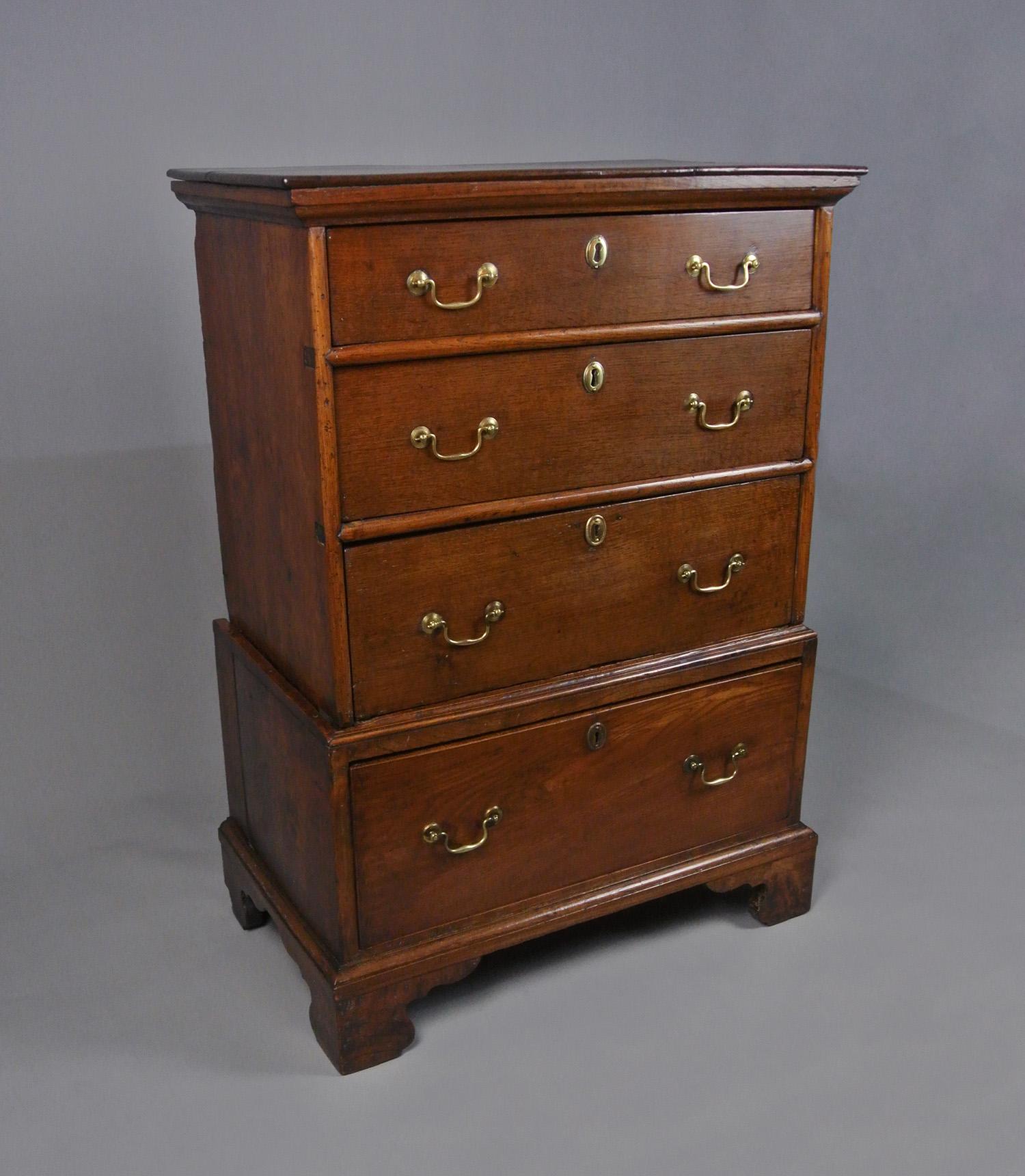 18th Century and Earlier Small George II Oak and Burr Elm Chest on Chest c. 1740