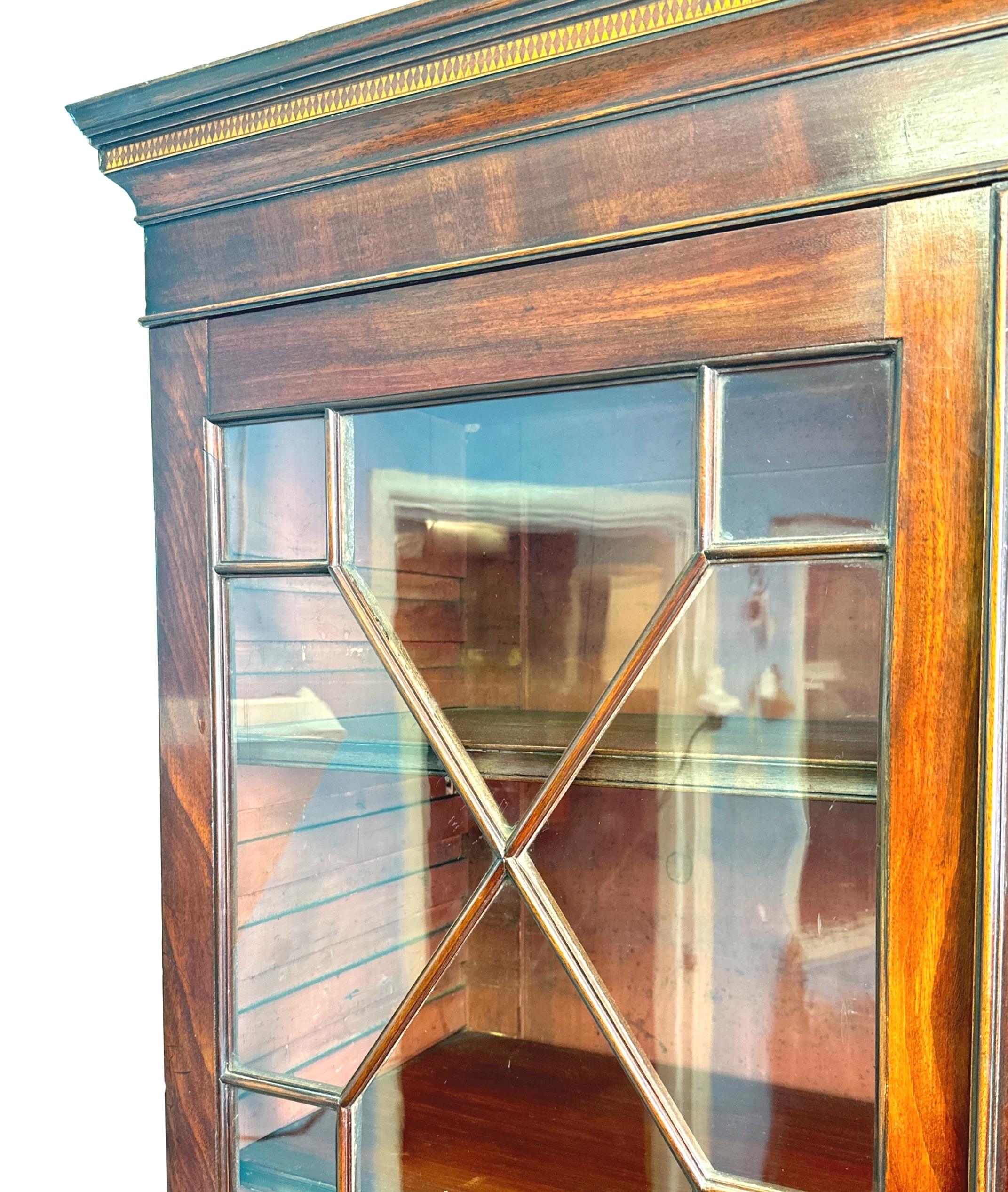 An Extremely Good Quality 18th Century, Georgian, Chippendale Period, Mahogany Library Bookcase, Of Attractive Small Proportions, Having Inlaid Decoration To Cornice Over Pair Of 13 Pane Astragal Glazed Doors, Enclosing Three Adjustable Shelves, To
