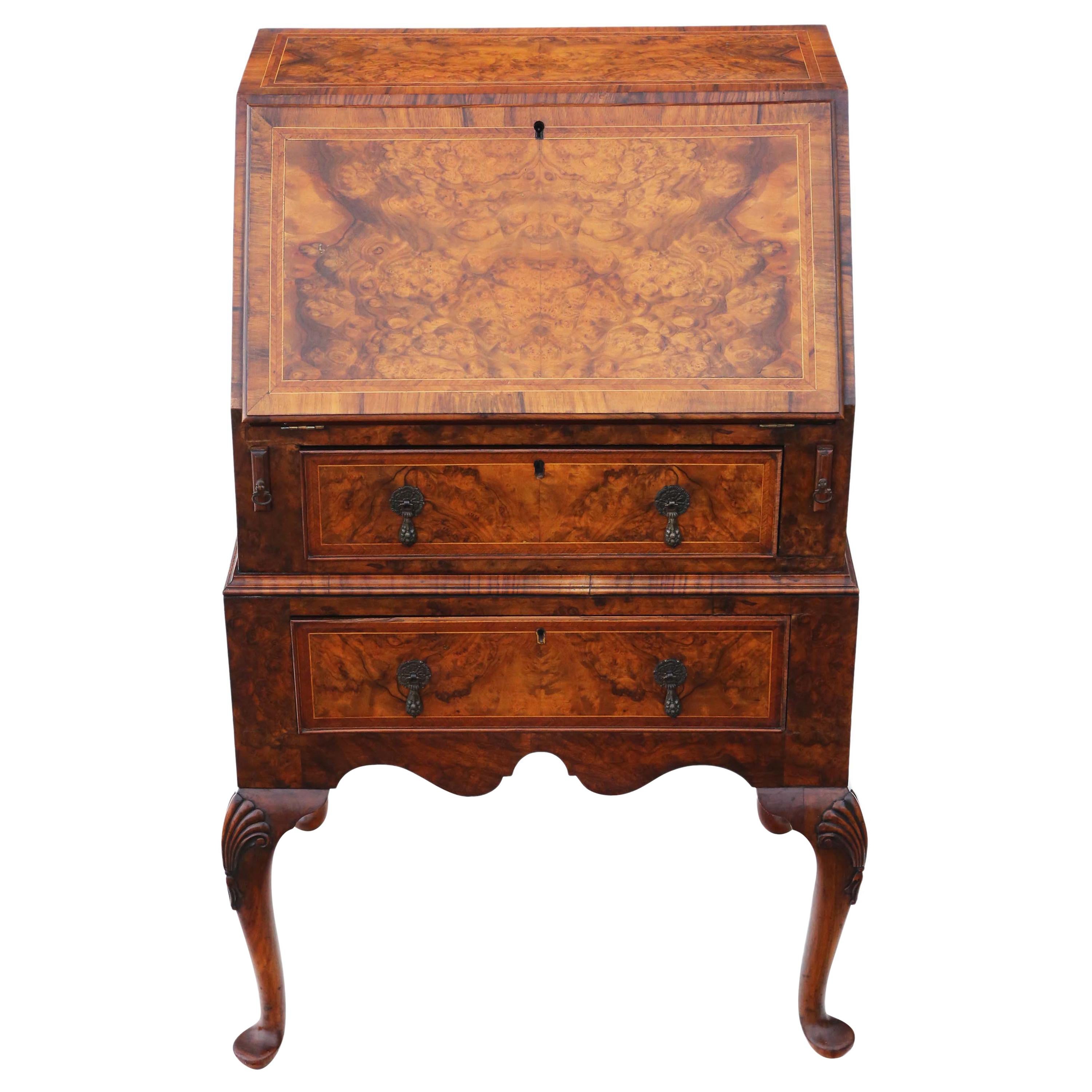 Small Georgian Revival Inlaid Burr Walnut Bureau Desk Writing Table