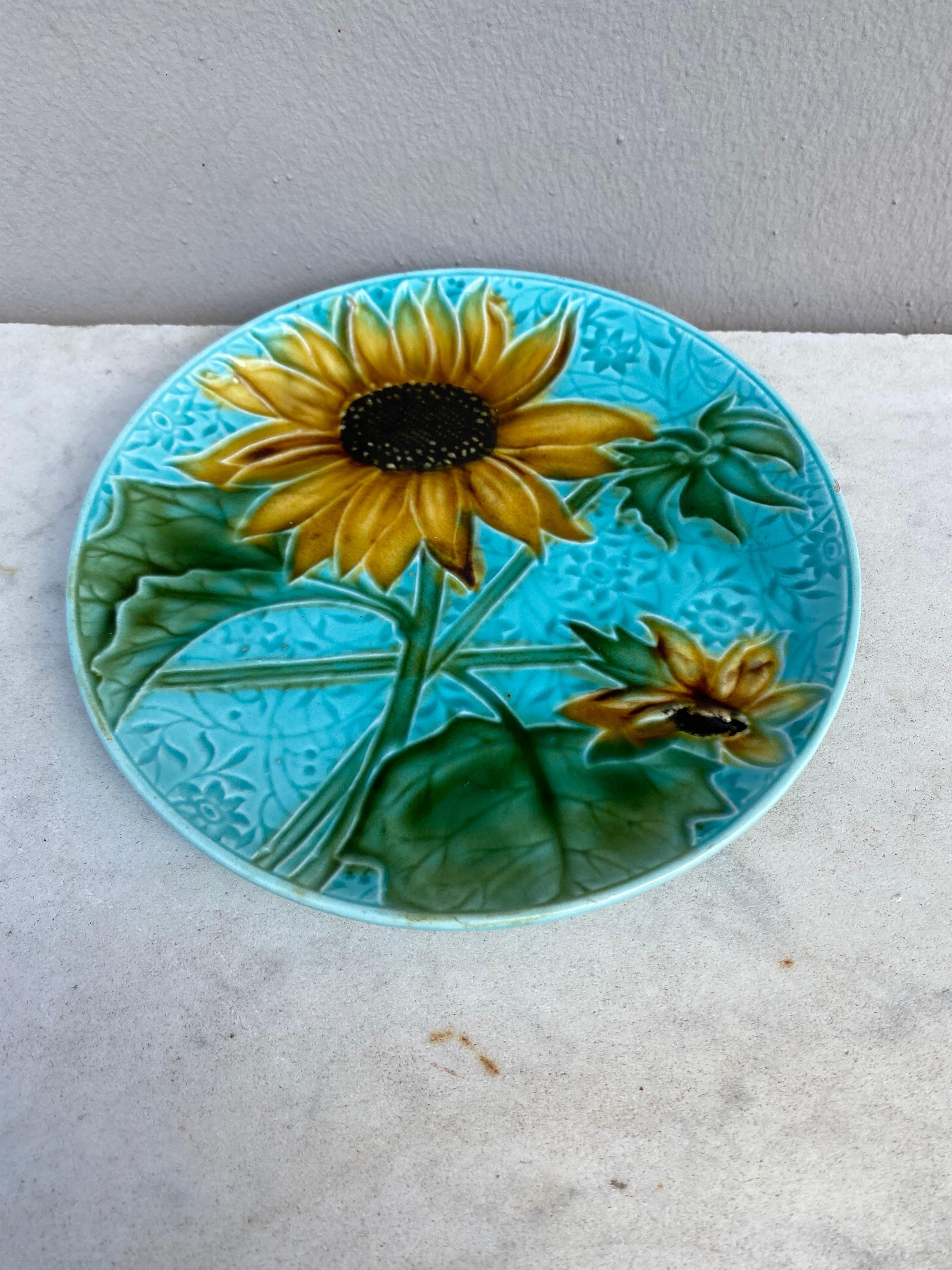 Ceramic Small German Majolica Sunflower Plate Circa 1900