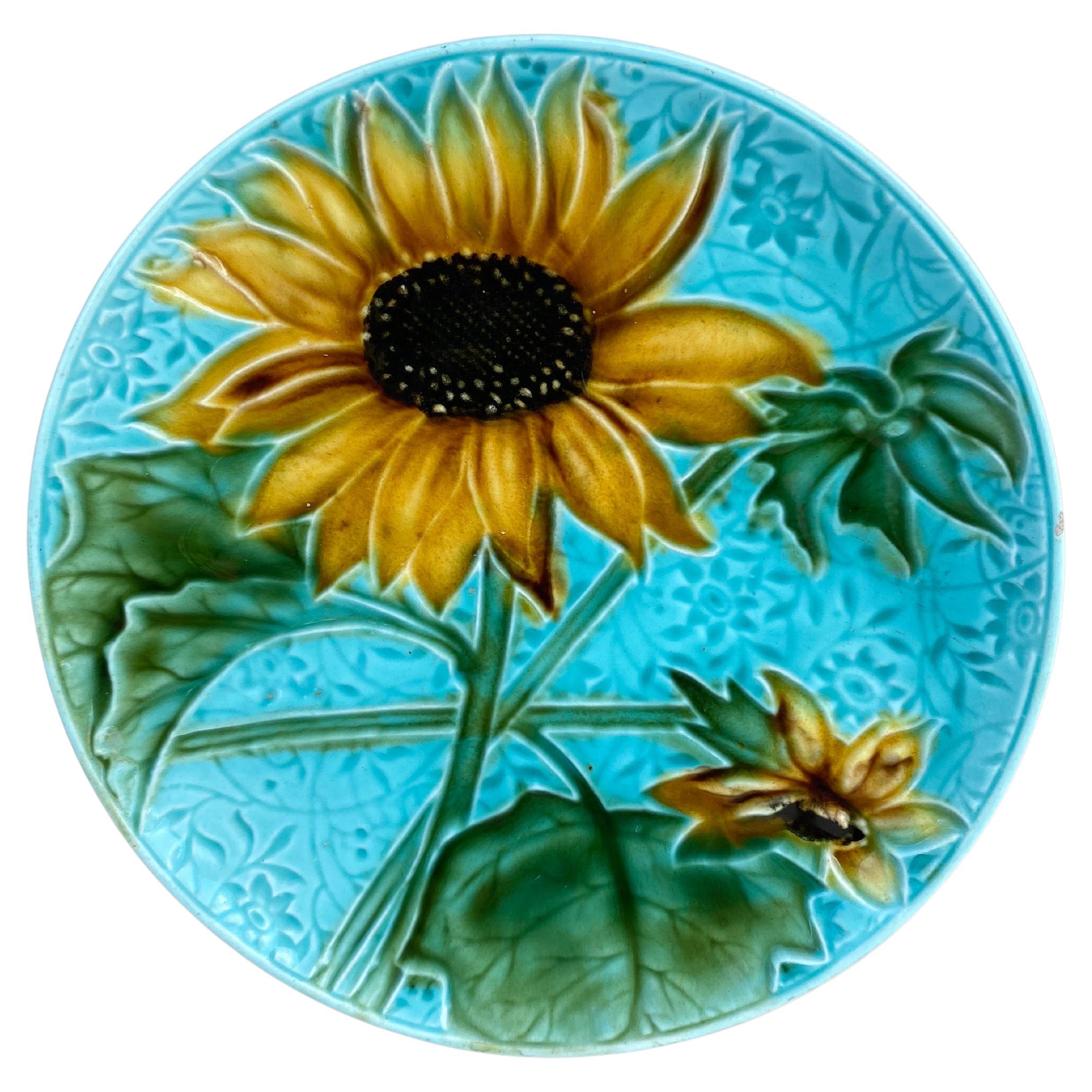 Small German Majolica Sunflower Plate Circa 1900