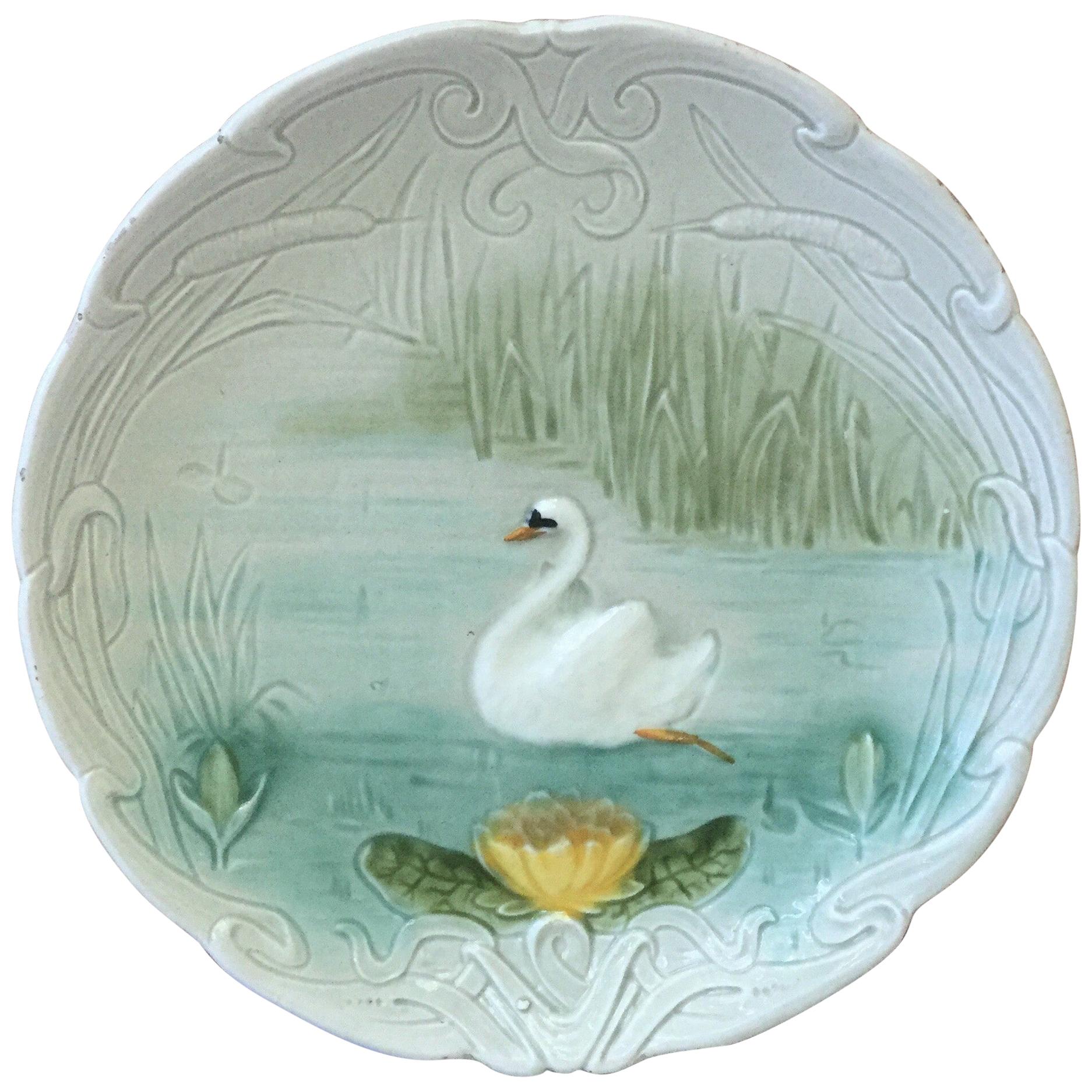 Small German Majolica Swan Plate, circa 1900
