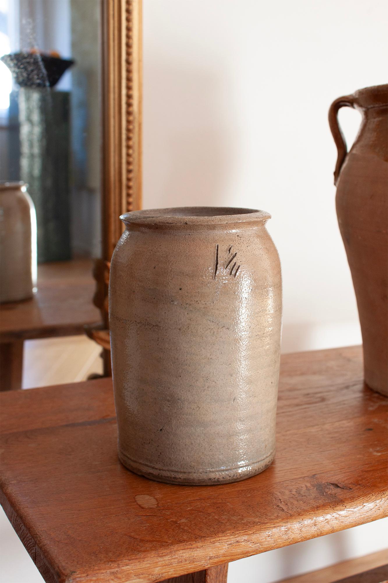 Country Small German Stoneware Kitchen Crock With Makers Mark For Sale
