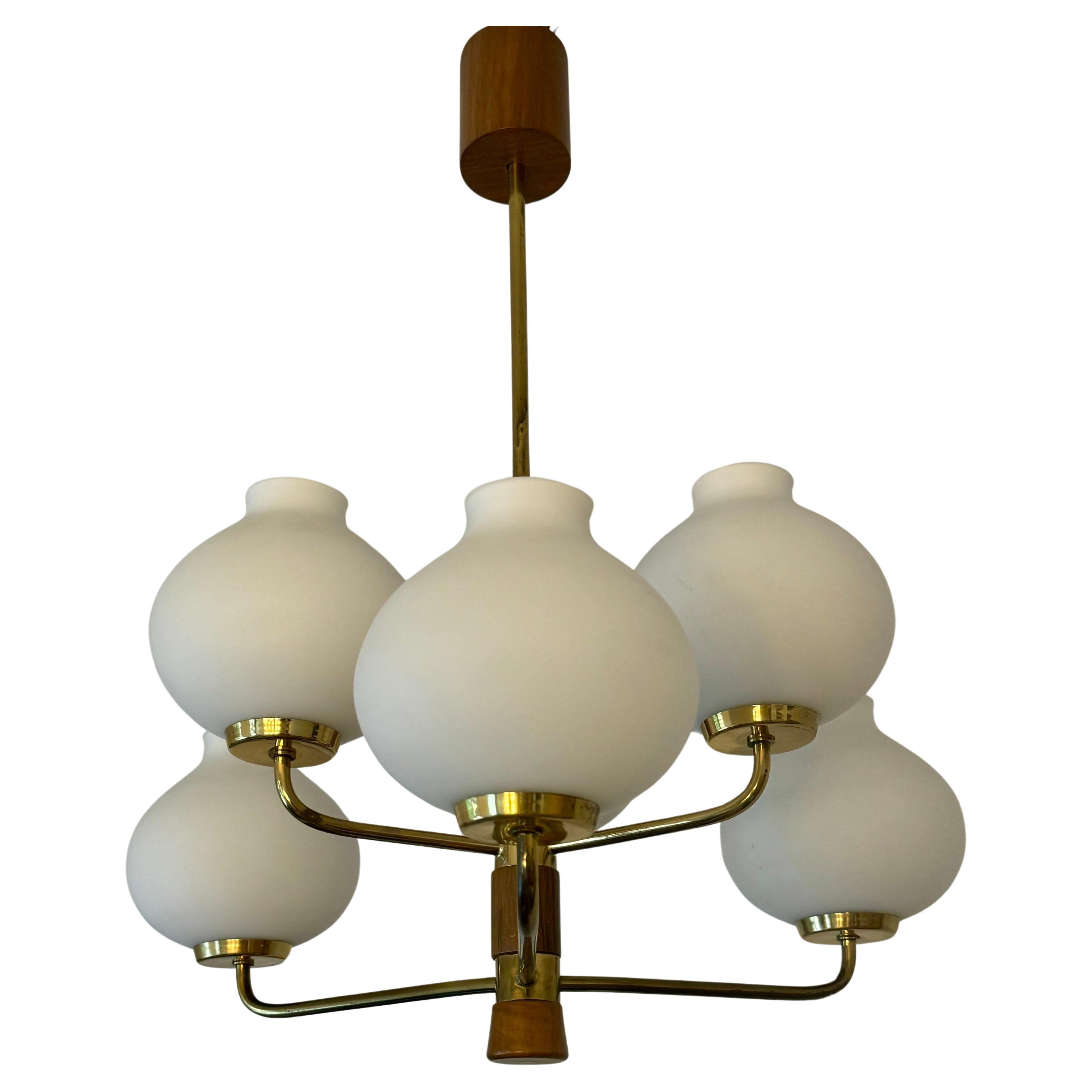 Mid-Century Modern Small Gilt Brass Glass and Wood Chandelier by Temde, Switzerland, 1950s For Sale