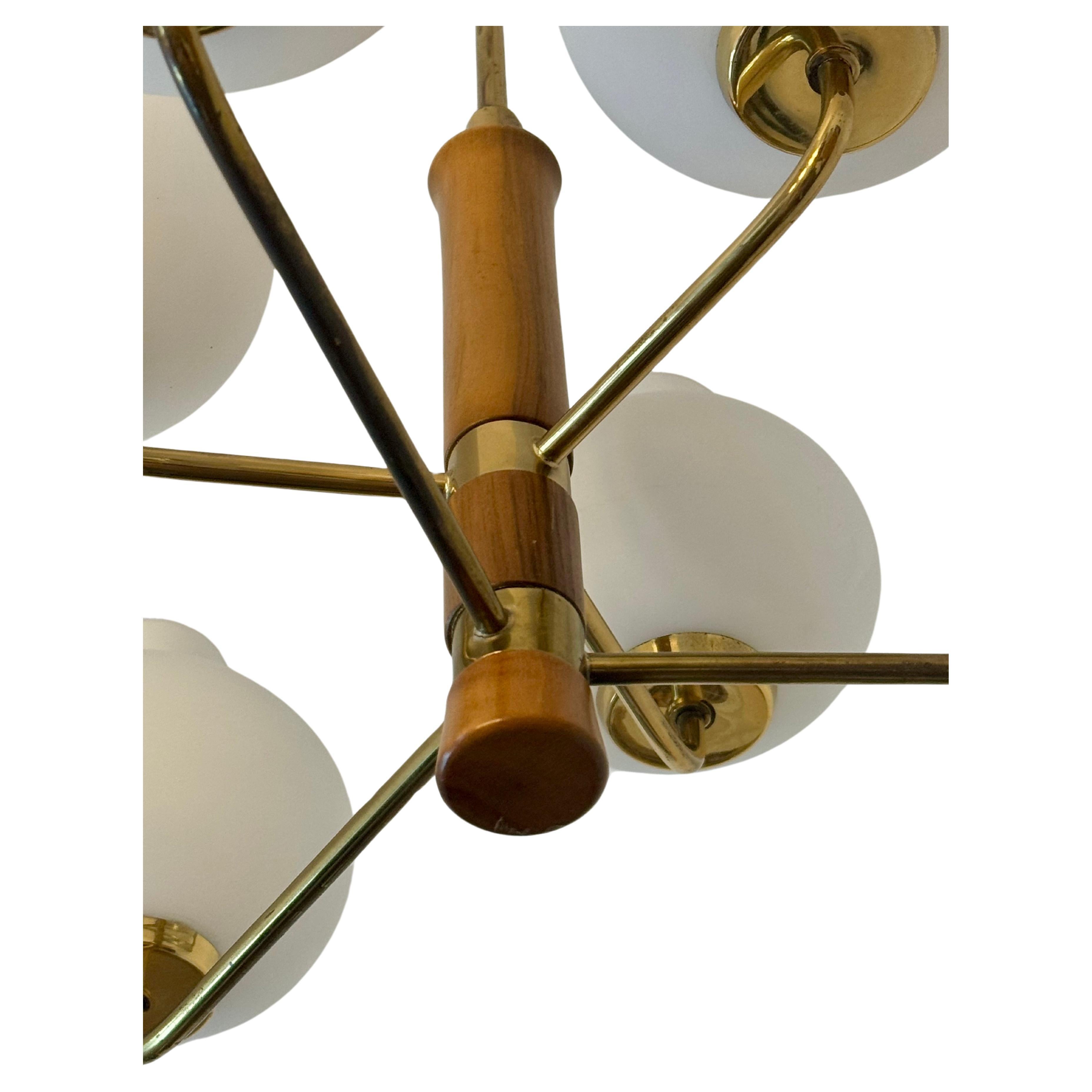 Swiss Small Gilt Brass Glass and Wood Chandelier by Temde, Switzerland, 1950s For Sale
