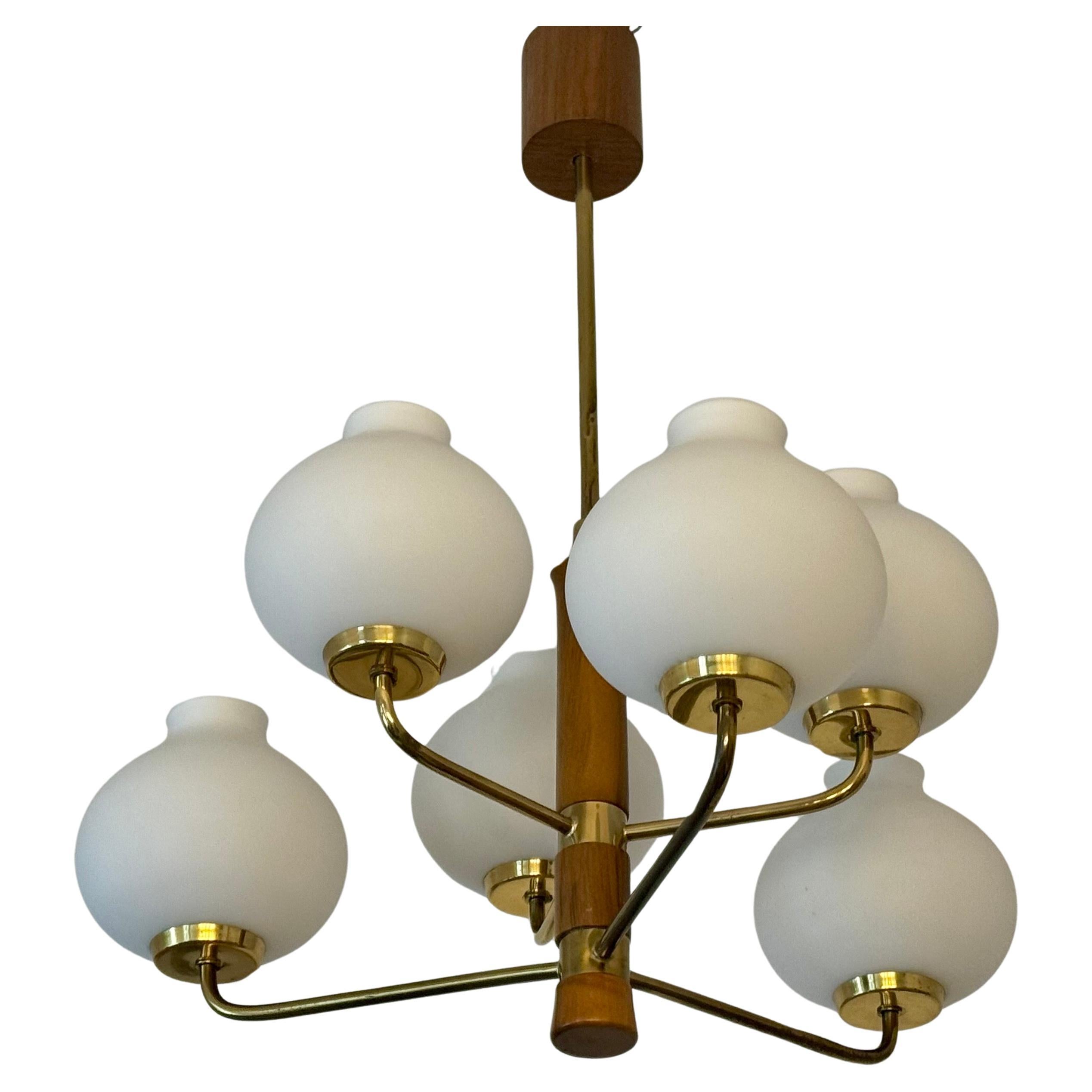 Small Gilt Brass Glass and Wood Chandelier by Temde, Switzerland, 1950s For Sale