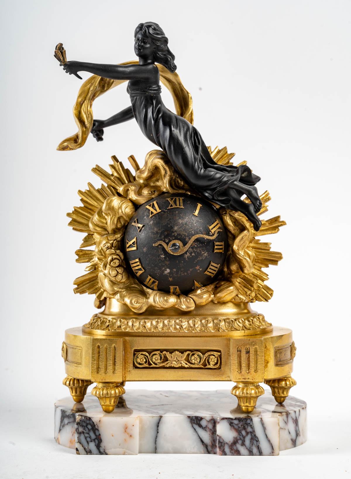 Louis XIV Small Gilt Bronze and Patinated Bronze Clock, 19th Century