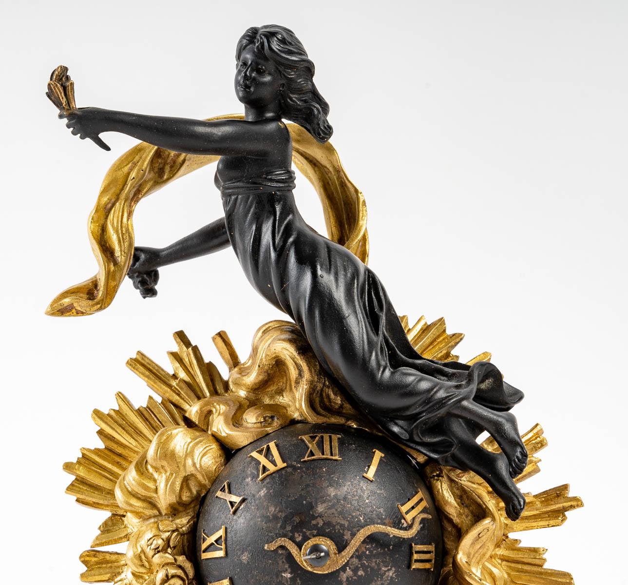 European Small Gilt Bronze and Patinated Bronze Clock, 19th Century