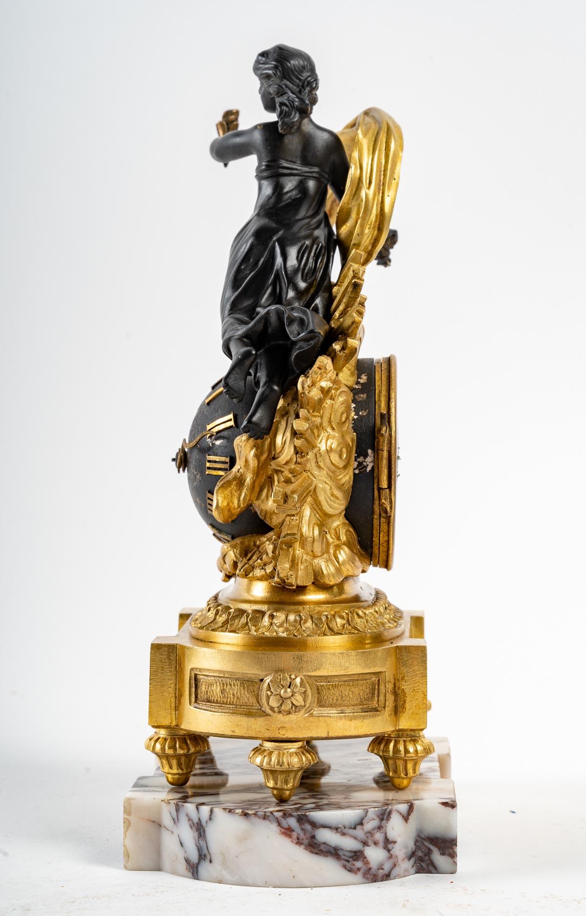 Late 19th Century Small Gilt Bronze and Patinated Bronze Clock, 19th Century