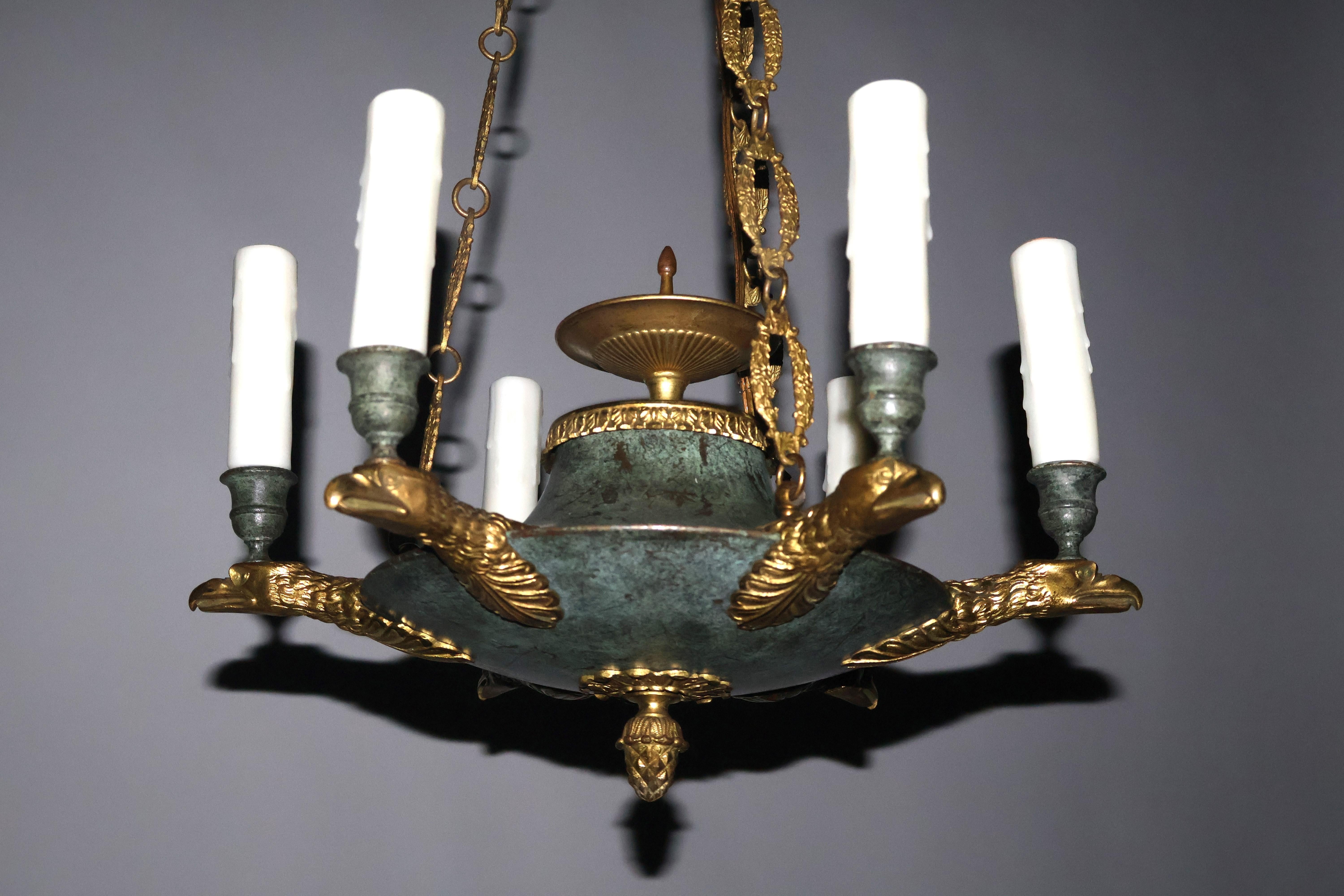 French Small Gilt Bronze Empire style Chandelier For Sale